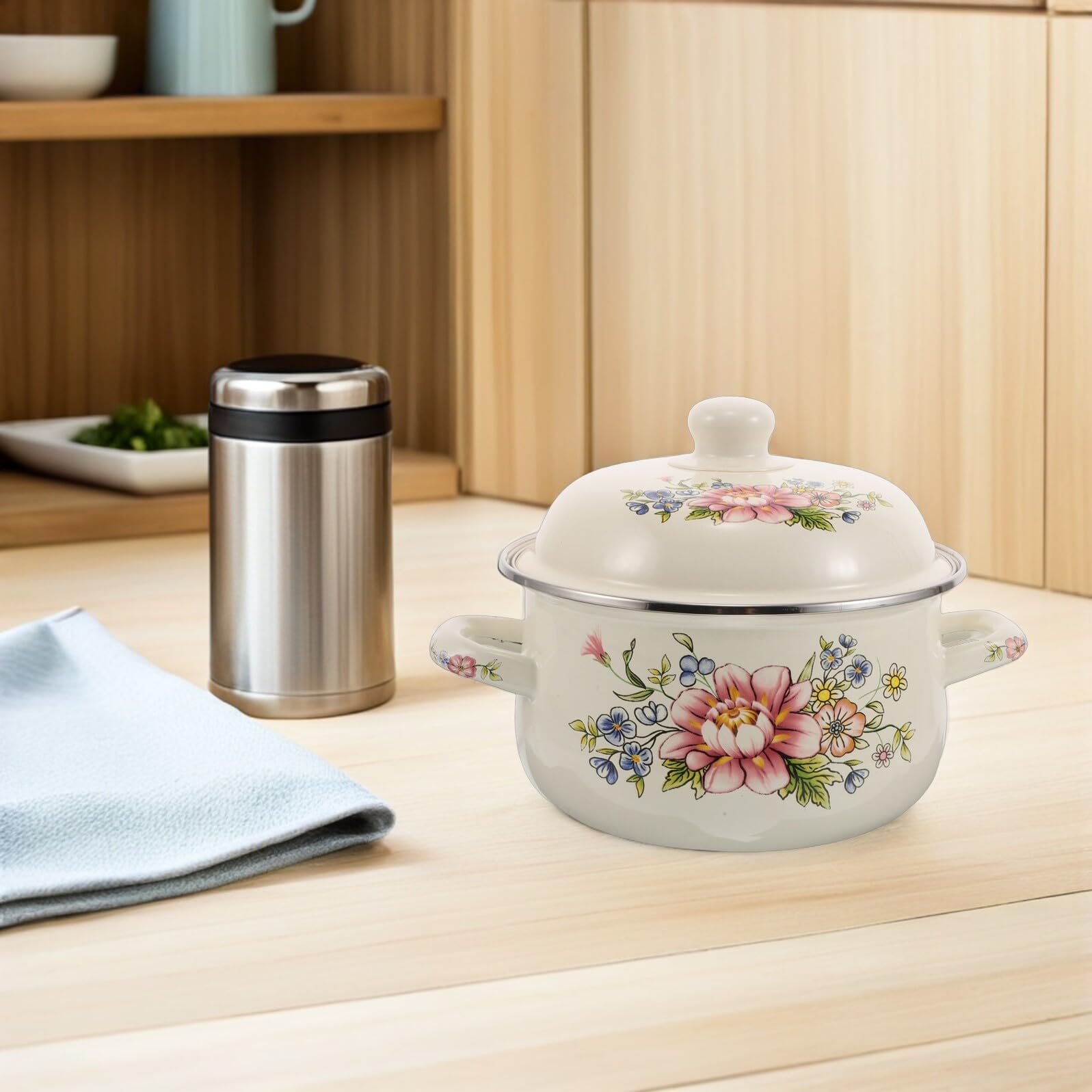ULTECHNOVO Olla de Sopa Esmaltada Retro con Flor de Olla Pequeña para Caldo Apta para Cocina Eléctrica Gas con Tapa para Cocinar Fuego Lento
