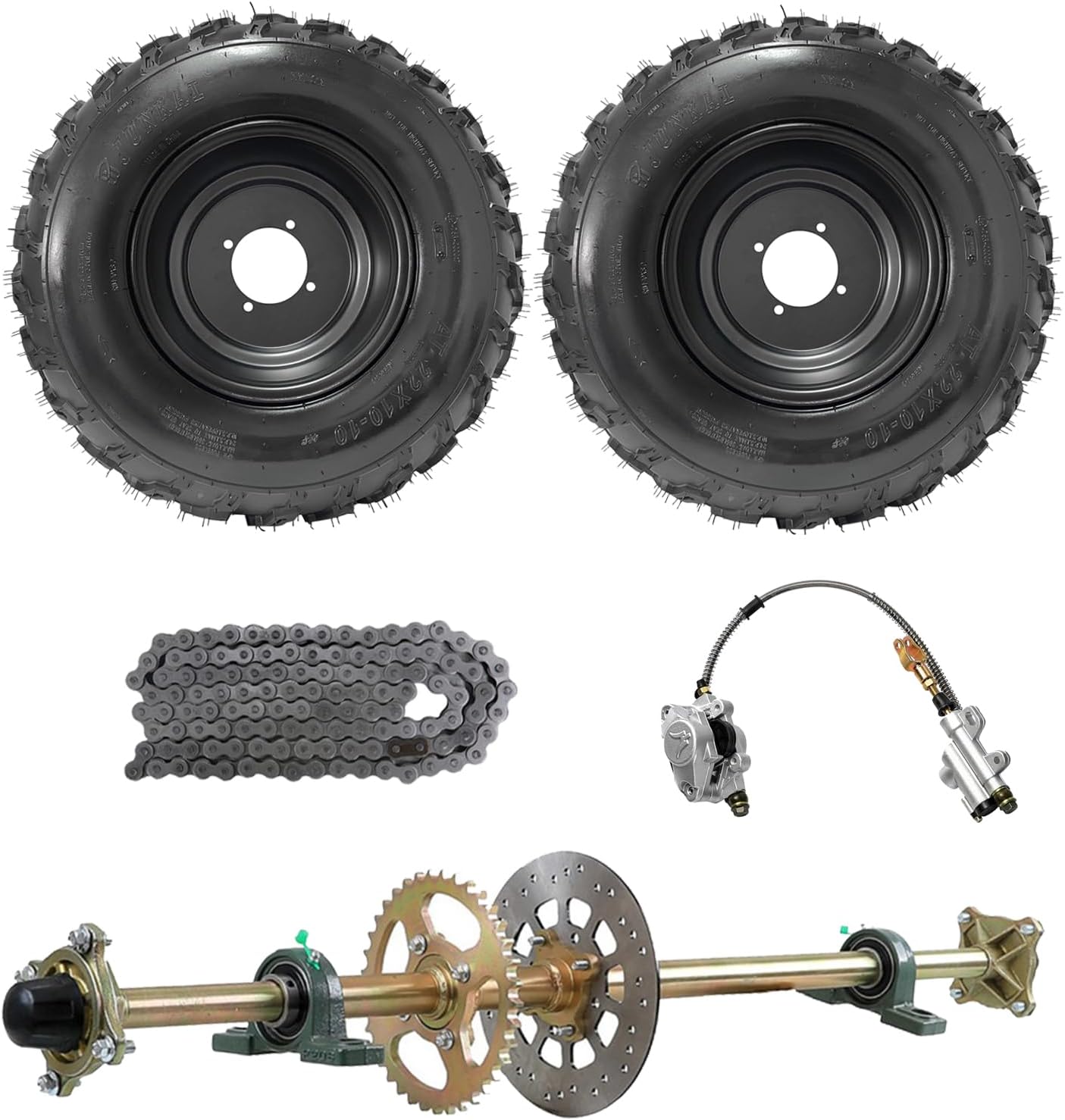 22x10-10 Go Kart Wheel 22X10X10 Tire with 44" Rear Axle Kit, Brake Caliper and 530 Chain for ATV UTV Karting Golf Cart Buggy Quad Dune Drift Trike Tricycle 4 Wheeler Offroad Motorcycle