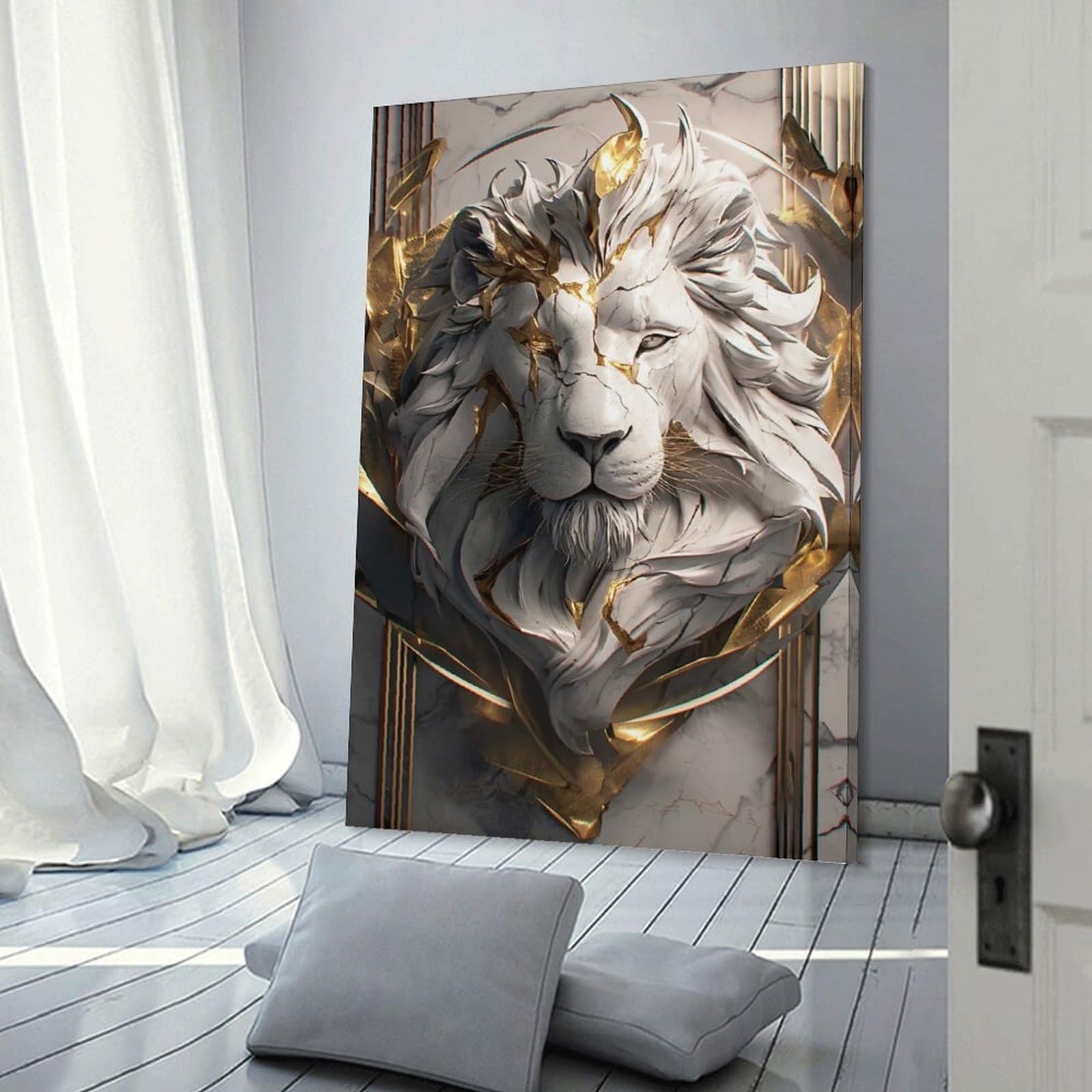 Junmoney Marble Lion with Gold Accents Canvas Art Print 24x36inch(60x90cm), for Gallery Wall Layouts in Home Or Office, Decorative Artwork with Flexible Styling