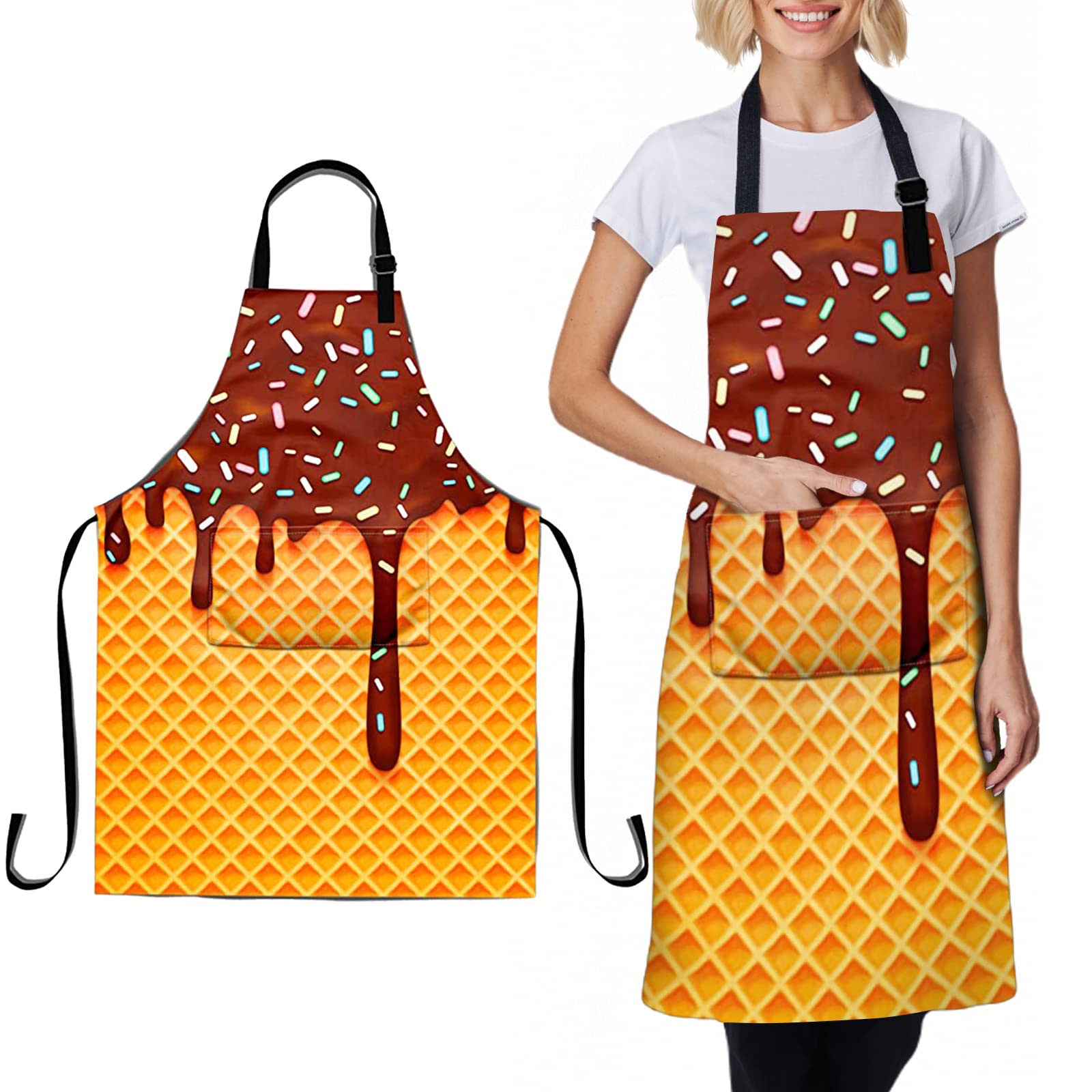 LMSM Ice Cream Apron Melting Ice Cream Cones Colored Sprinkles Funy Apron With Adjustable Neck For Unisex Kitchen