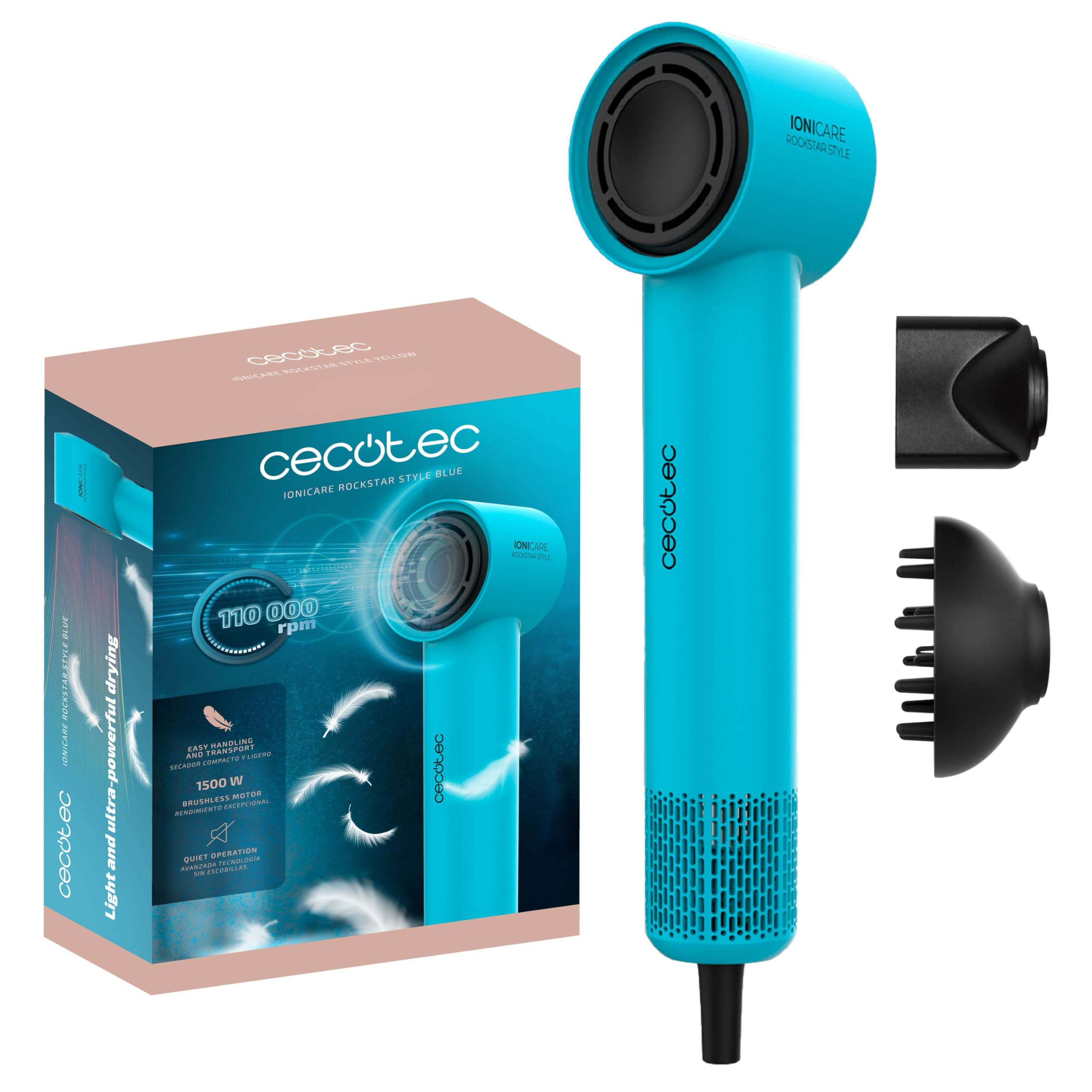 Cecotec Asciugacapelli Ionicare Rockstar Style Blue. Compatto E Leggero 1500W Con Motore Brushless, 110.000 Rpm, Generatore Di Ioni, Impostazioni Temperatura E Velocità, Design Portatile