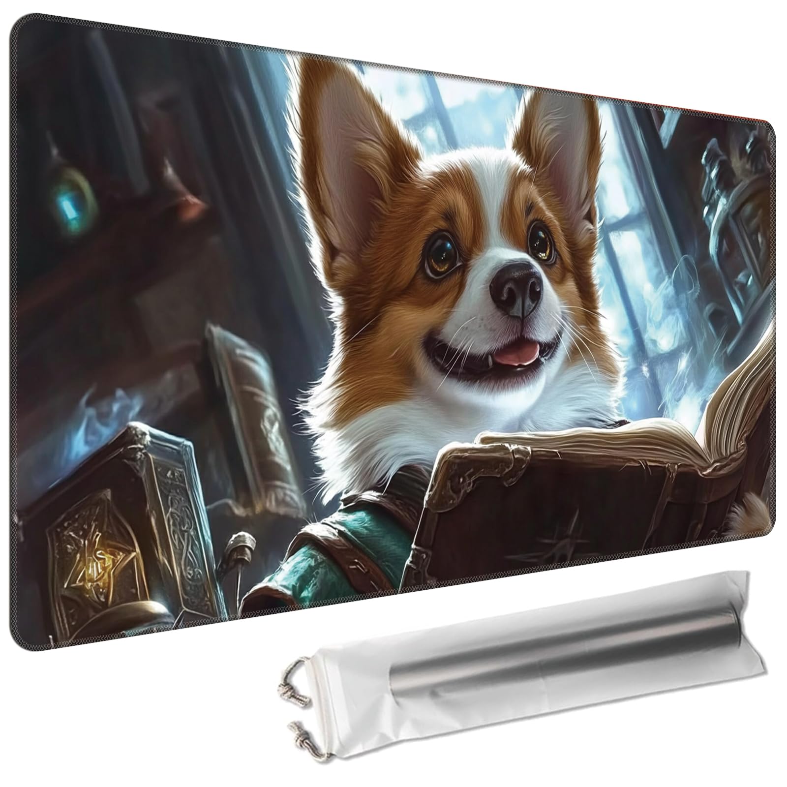 Cdkfxjy MTG Playmat 27.5 x 15.7in Includes Storage Bag,TCG Playmat with Soft Surface Premium Non-Slip Rubber Backing Stitched Edges Durable Gaming Mat,Corgi Wizard Read Book
