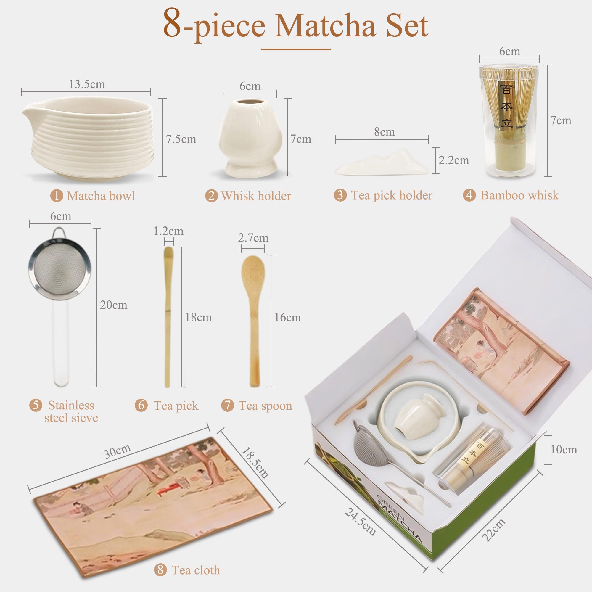 Kit Té Matcha Completo 8 Piezas con Cuenco de Cerámica con Pico 510 ml, Batidor de Bambú, Cuchara, Tamiz y Soporte, Set Japonés para Matcha Latte, Ceremonia del Té, Regalo Original
