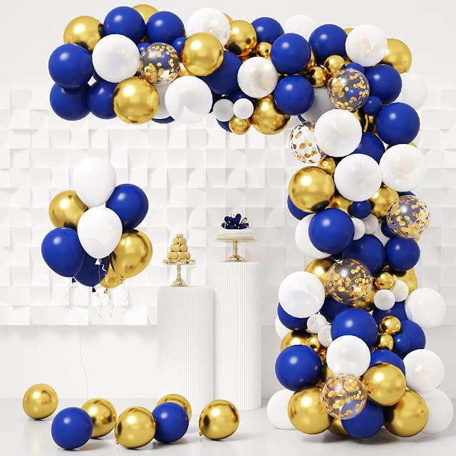 RUBFAC 142pcs Royal Blue Gold Balloon Garland Arch Kit, Royal Blue and Gold White Balloons for Graduation Birthday Baby Shower Party Decorations