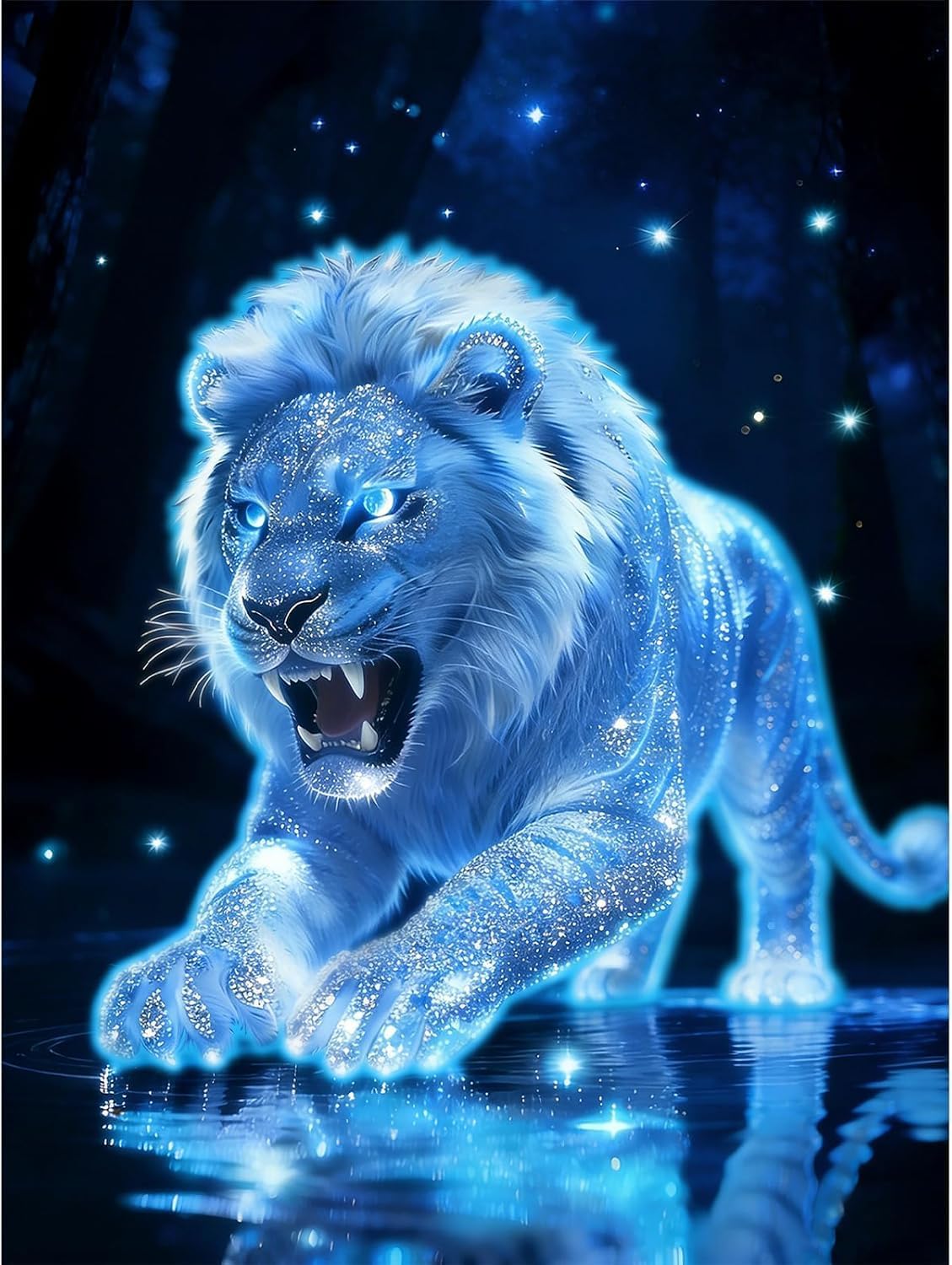 5D Neon Lion Diamond Art Kit for Adults - Full Drill with 30% Extra Diamonds, Glow-in-the-Dark Blue Lion on Water, Luminous Crystal Craft for Home Wall Decor (12x16 Inch)