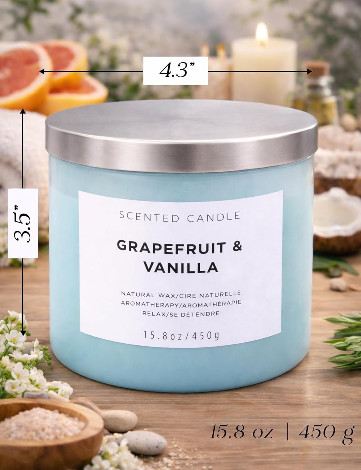 Grapefruit Vanilla 3-Wick Soy Candle | 15.8 oz Large Scented Candle for Home | Clean Burn Long Lasting | Citrus Vanilla Floral Scent | Gift Ready