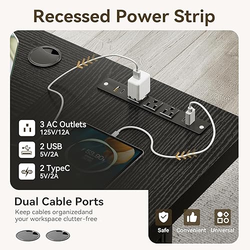 Miniatura 4 de Coleshome Escritorio ejecutivo de 71 pulgadas con puertos USB, escritorio de oficina para computadora, mesa de escritura moderna grande, muebles de