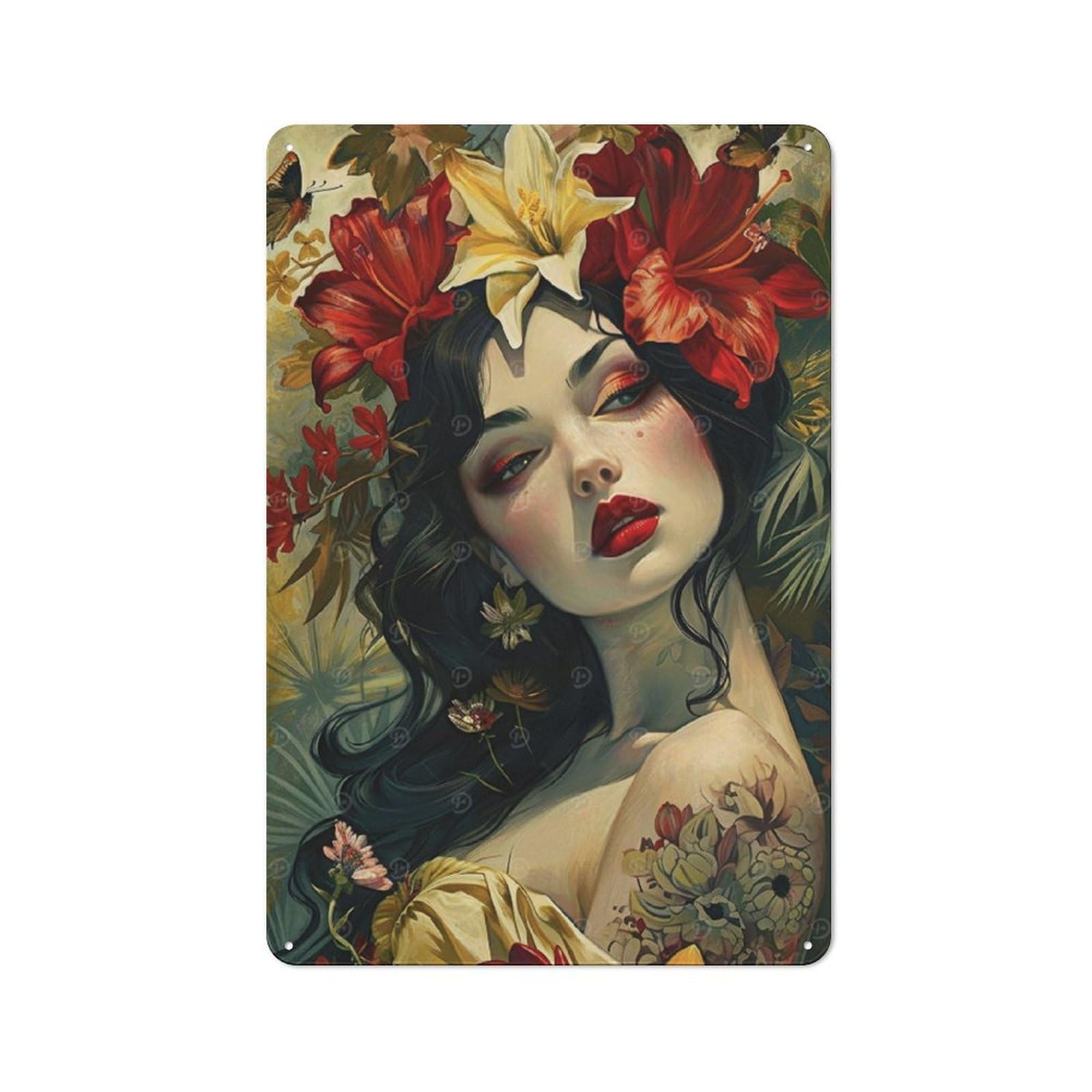 Junmoney Floral Portrait Of A Woman Rustic Tin Wall Plaque 30X20cm For Bar Or Restaurant, For Vintage Wall Decor Fans, For Garage And Workshop Walls