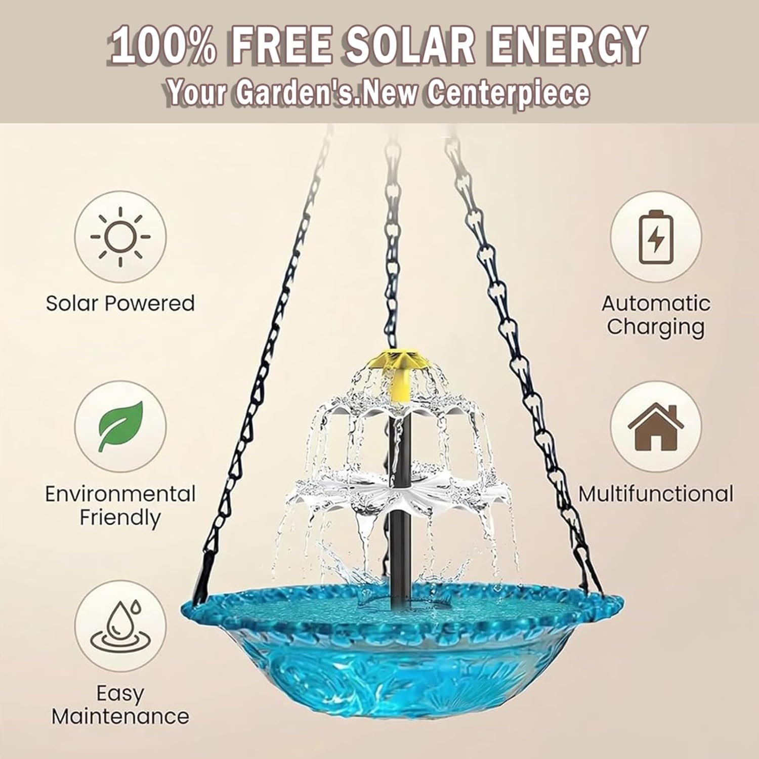 Hanging Solar Bird Bath Fountain, Powered Birdbath Water Fountain Pumps Dispenser Outdoors Decor Bath Shower Bowl Kit with Flowing Water, Attracting Wild Birds & Hummingbirds (Purple)