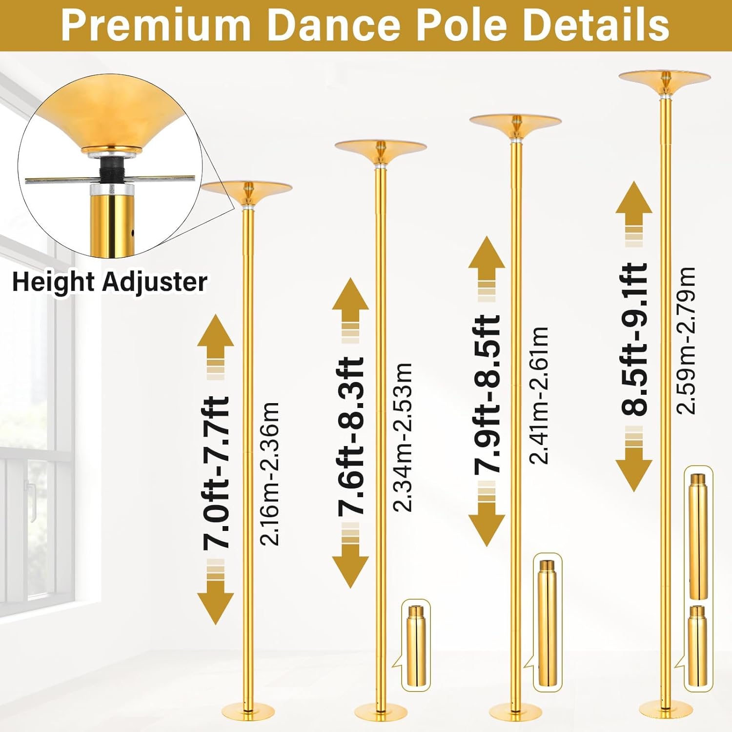 Stripper Pole,Removable 45mm Rotate & Static Dancing Pole Heavy-Duty Steel Pole Dancing Pole, Adjustable Height Professional Grade Excellent for Home Exercise Club Gym(Colorful,Black,Gold)