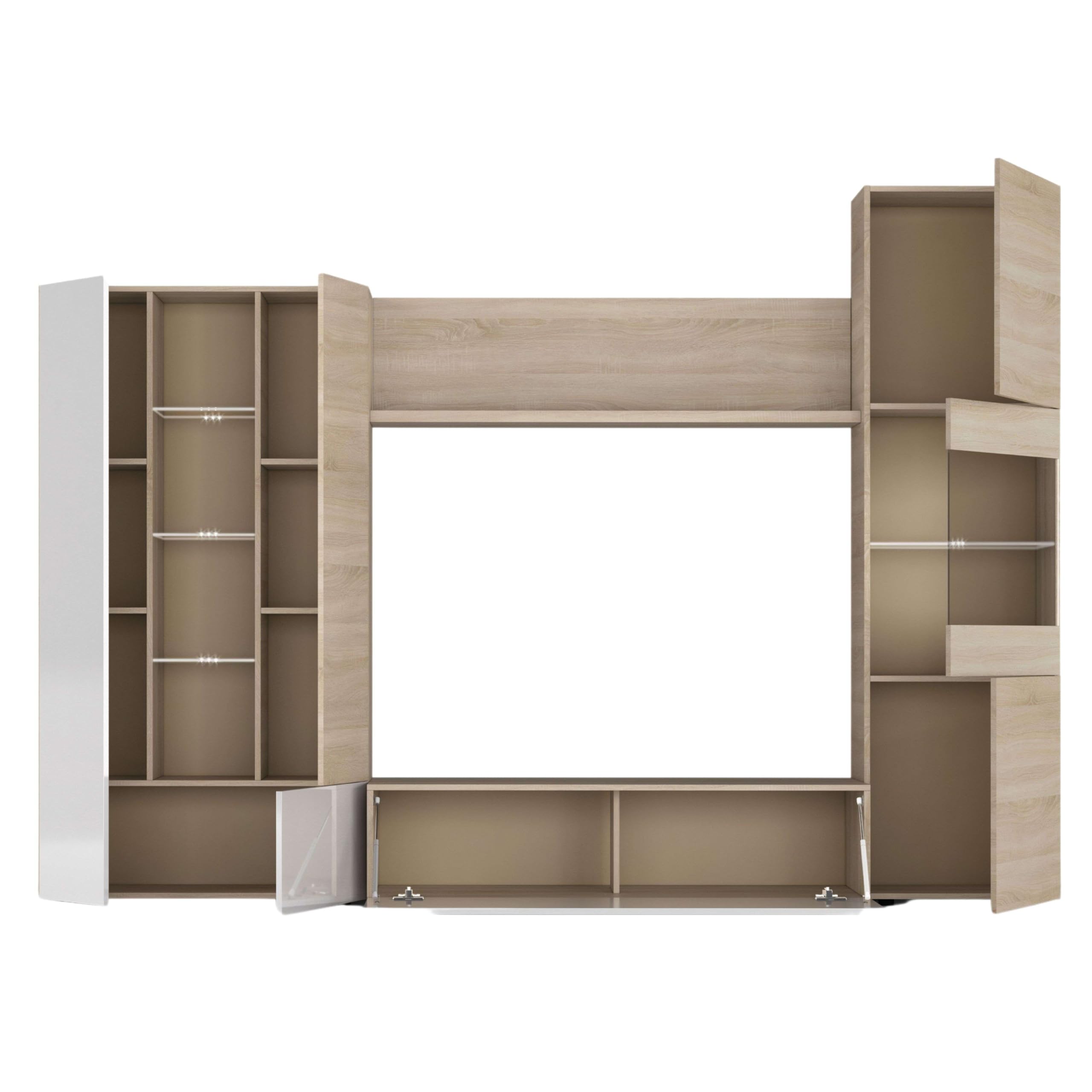 Habitdesign Esstisch-Möbel mit LEDs, Wohnzimmermöbel, Modell Essential, glänzendes weißes Finish und kanadische Eiche, Maße: 260 cm (Breite) x 185 cm (Höhe) x 42 cm (Tiefe)