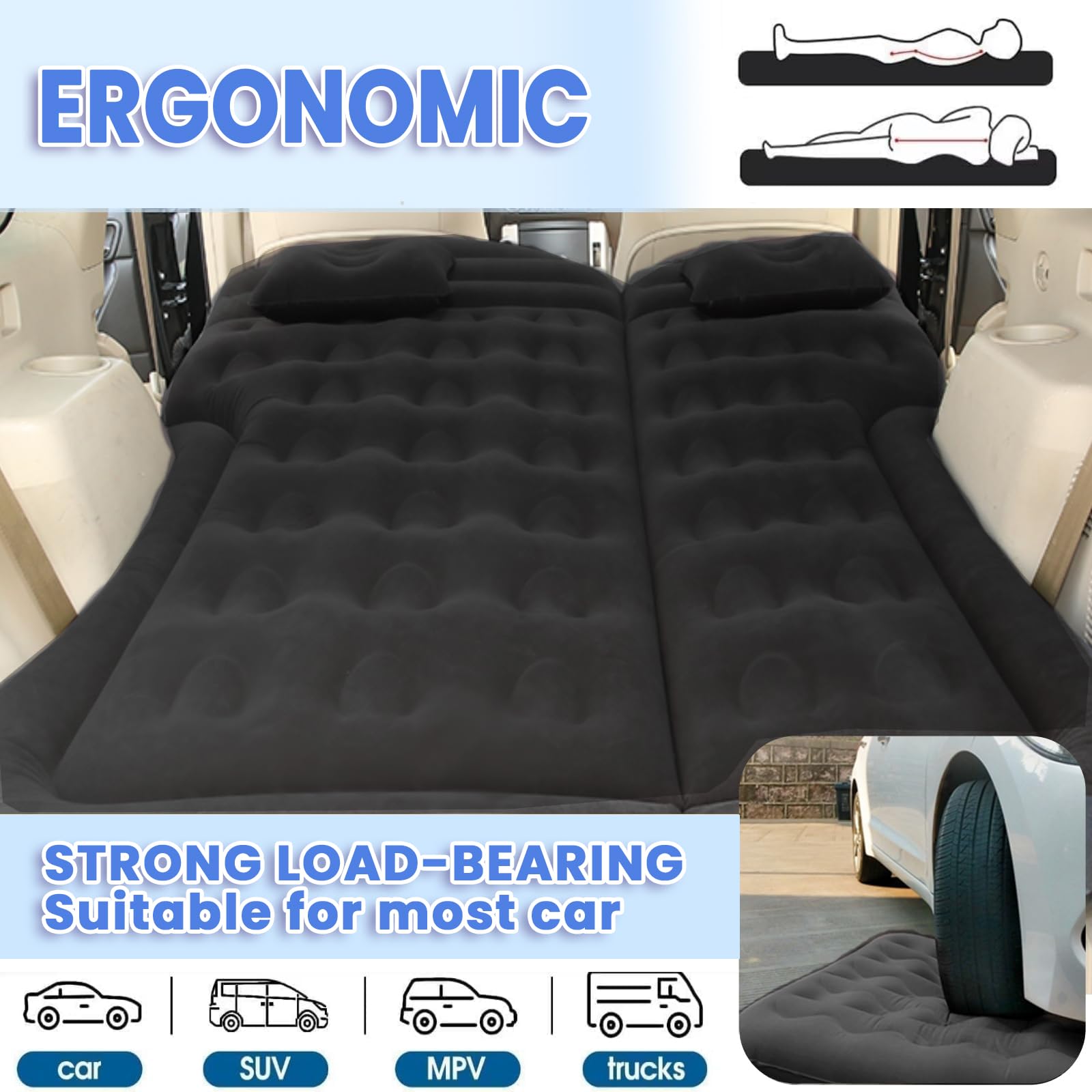 Colchón para Coche Hinchable Impermeable SUV con Bomba de Aire 12V y 3 Adaptadores Negro