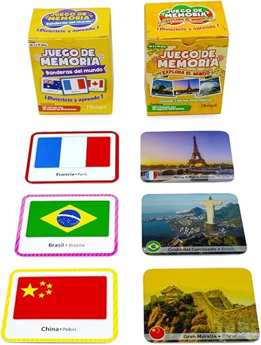 Miniatura 2 de Menique Paquete de juego de memoria español  Banderas del Mundo + Explora el Mundo  200 cartas, 100 pares  Banderas, capitales y lugares icónicos