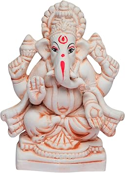 Decorative Ganesha Idol Ganpati Ji Eco-Friendly Handmade Clay Home Decor Puja Small Murti Traditional Mitti Ganesh Statue for Ganesh Chaturthi Festival, Housewarming Gift,  5 Inch, White
