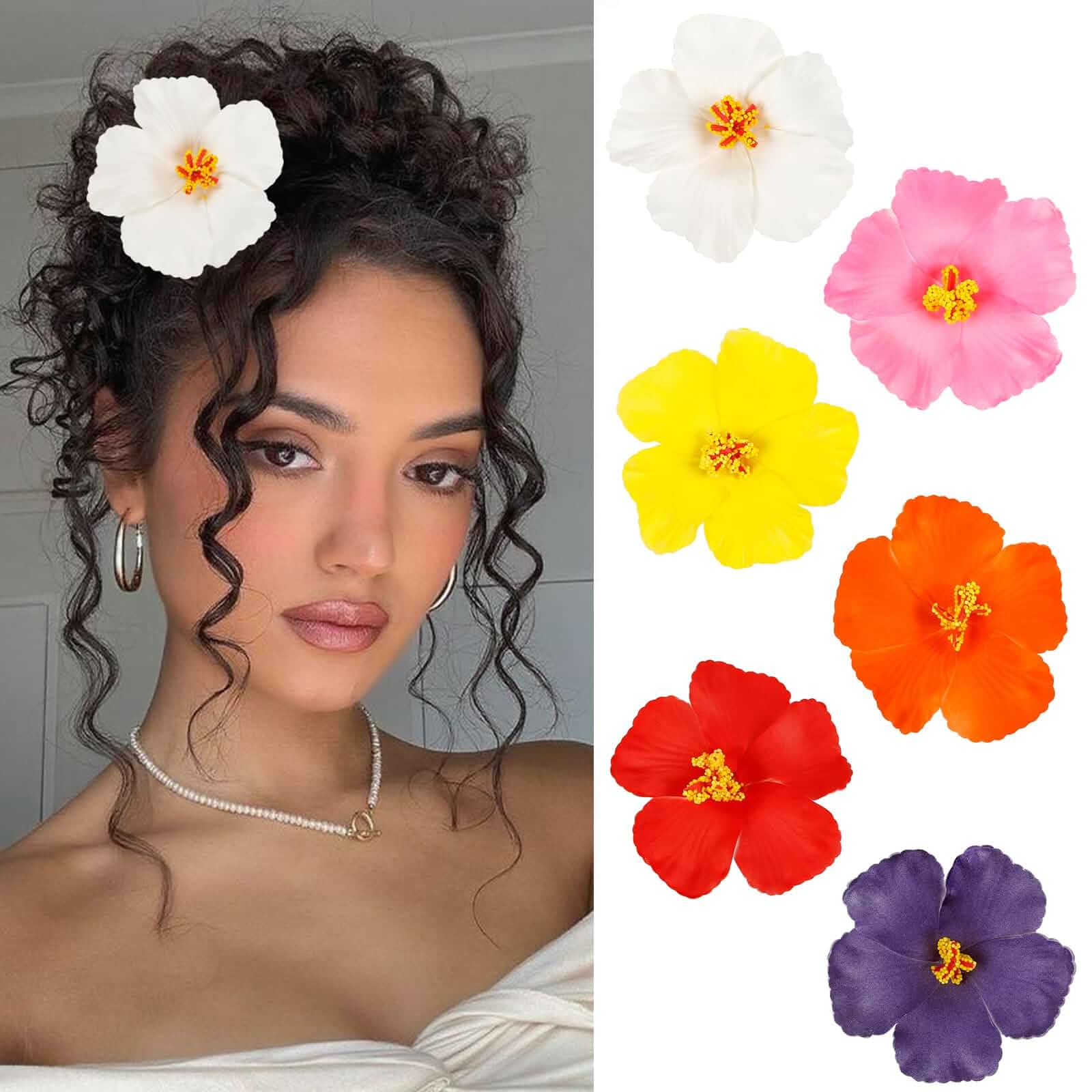 6Pcs Hawaiian Flower Hair Clips for Women 3.5 Inch Artificial Tropical Flower Clips Hibiscus Hair Clip Hair Accessories for Beach Vacation Party Floral