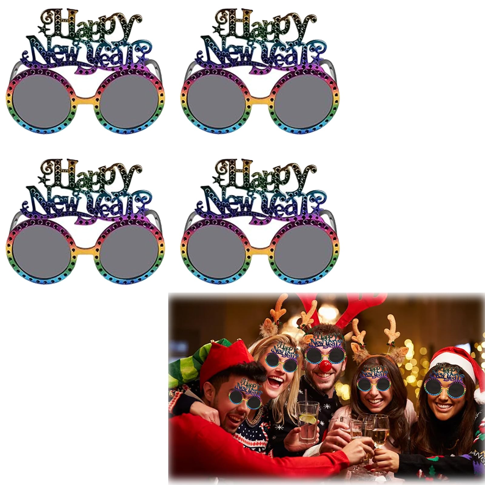 Plateytr Multicolor 4 Pieces Colorful New Year Party Glasses, 2024 New Year's Eve Decoration, New Year's Eve Party Glasses, Novelty Party Glasses Photo Booth Props