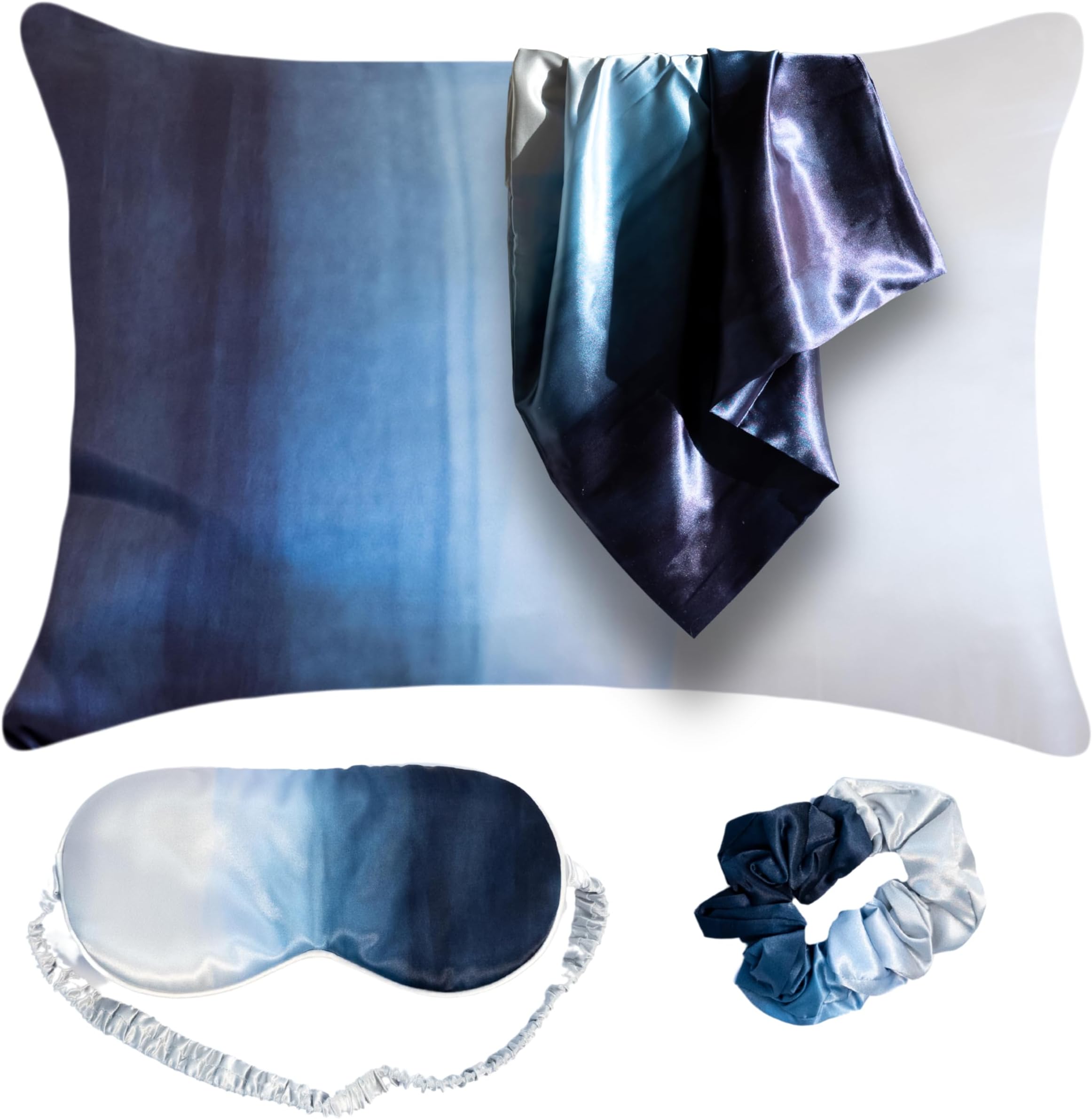 Luxury Satin Pillowcase Gift Set – Includes Eye Mask & Scrunchie, Pure Vegan Silk for Hair & Skin Care, Elegant Blue Ombre Design, Standard Size, Gift for Mom, Daughter, Girlfriend!