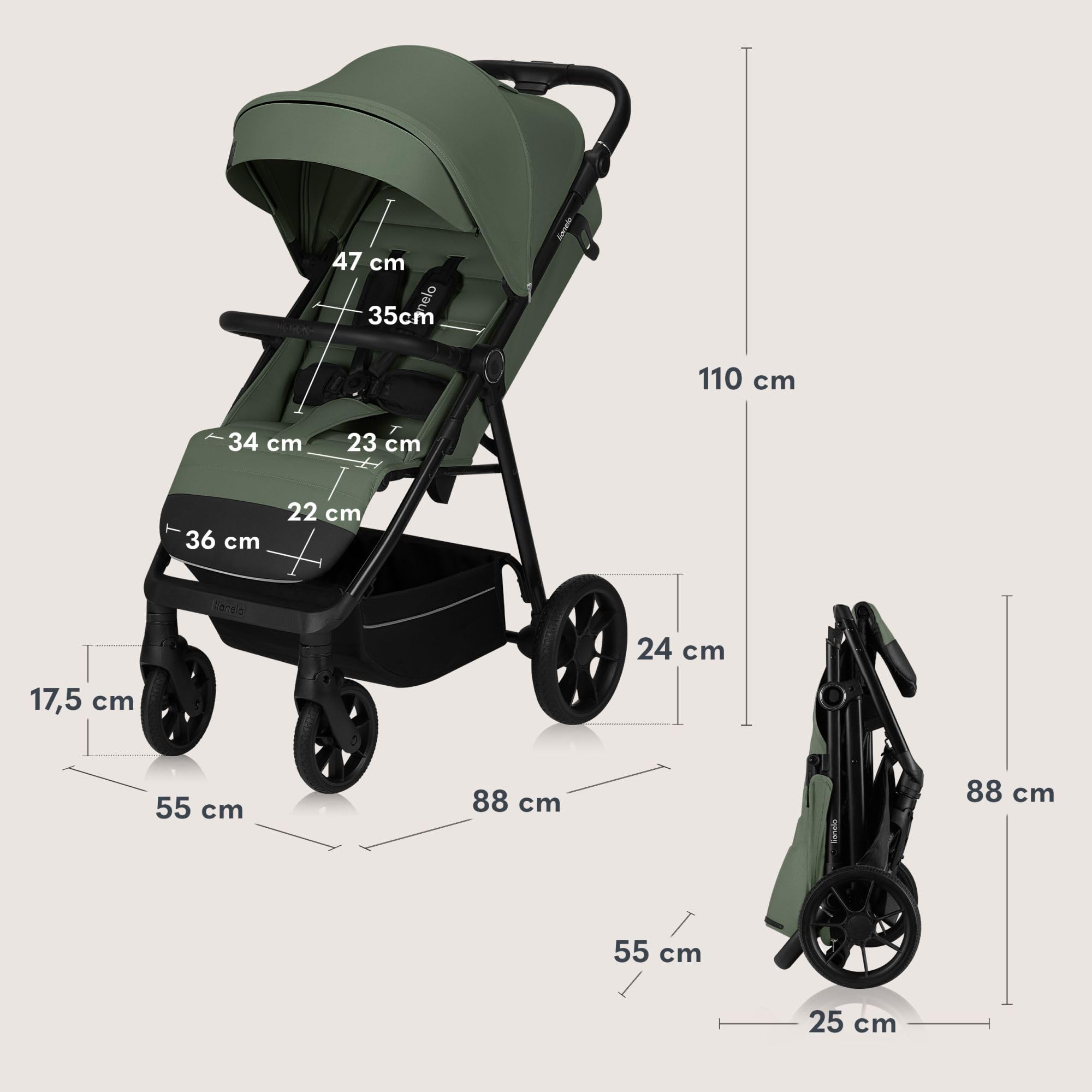 LIONELO Iva Passeggino Leggero e Compatto per Bambini da 6 Mesi a 4 Anni | Fino a 22 kg, Ruote Girevoli 360° con Sospensione, Schienale e Poggiapiedi Regolabili, Cappottina XXL UPF50+, Tessuto Premium