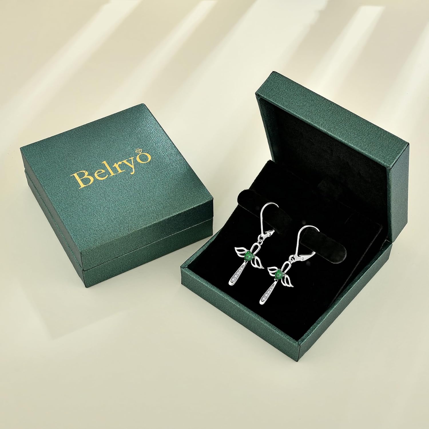 Angel Wings Pendant Necklace for Women 925 Sterling Silver Cross Necklace Leverback Earrings Angel Wing dangle Earrings Christian Cross Earrings May Birthstone Emerald Color