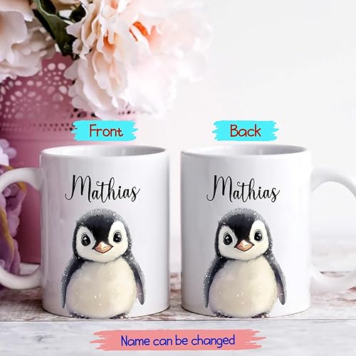 Miniatura 2 de Tazas de café personalizadas de cerámica blanca de 11 onzas con acento de pingüino, personalizadas con nombre, regalo para amantes de los pingüinos,