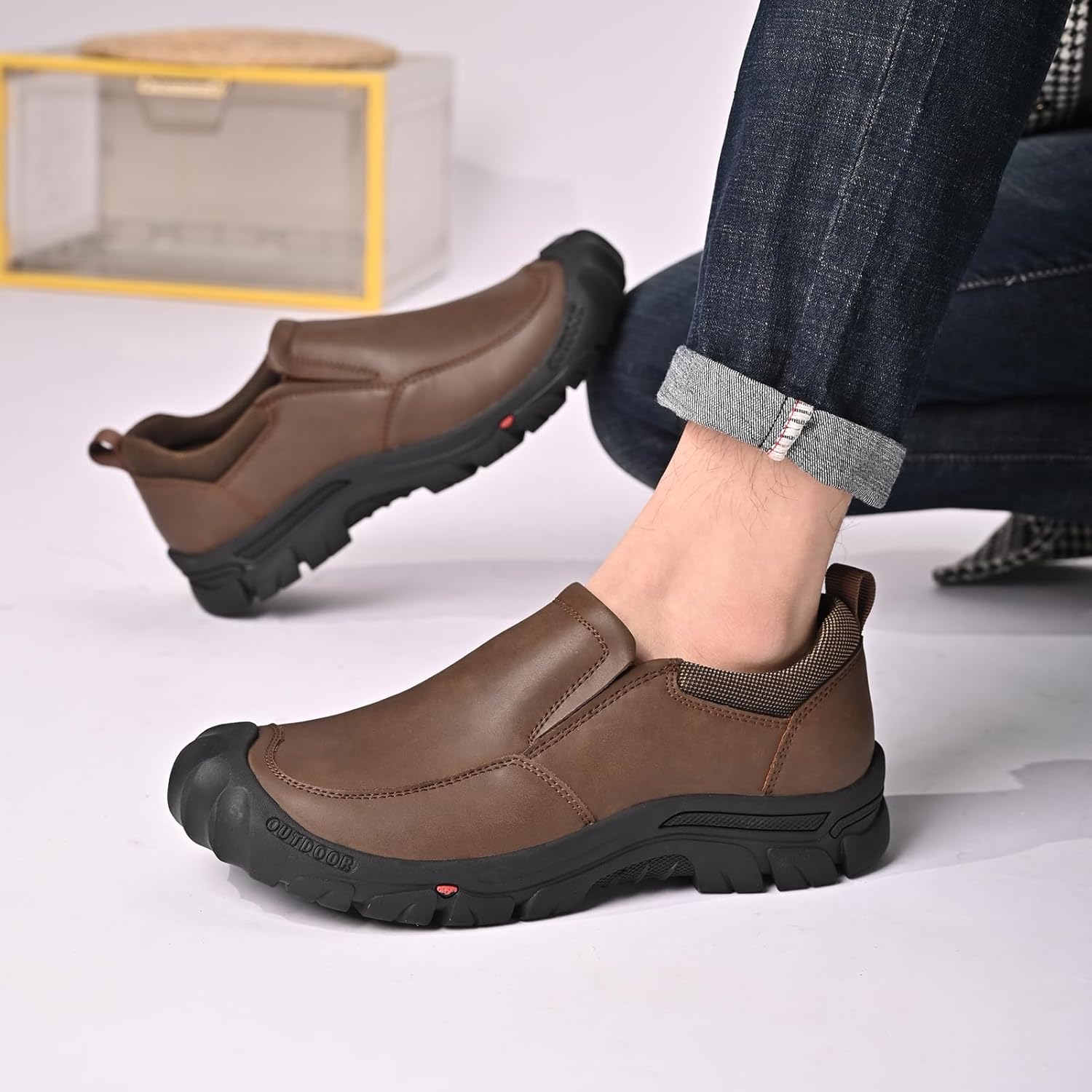 Mens Leather Slip On Hiking Outdoor Waterproof Causal Loafers Work Walking Shoes - Image 8