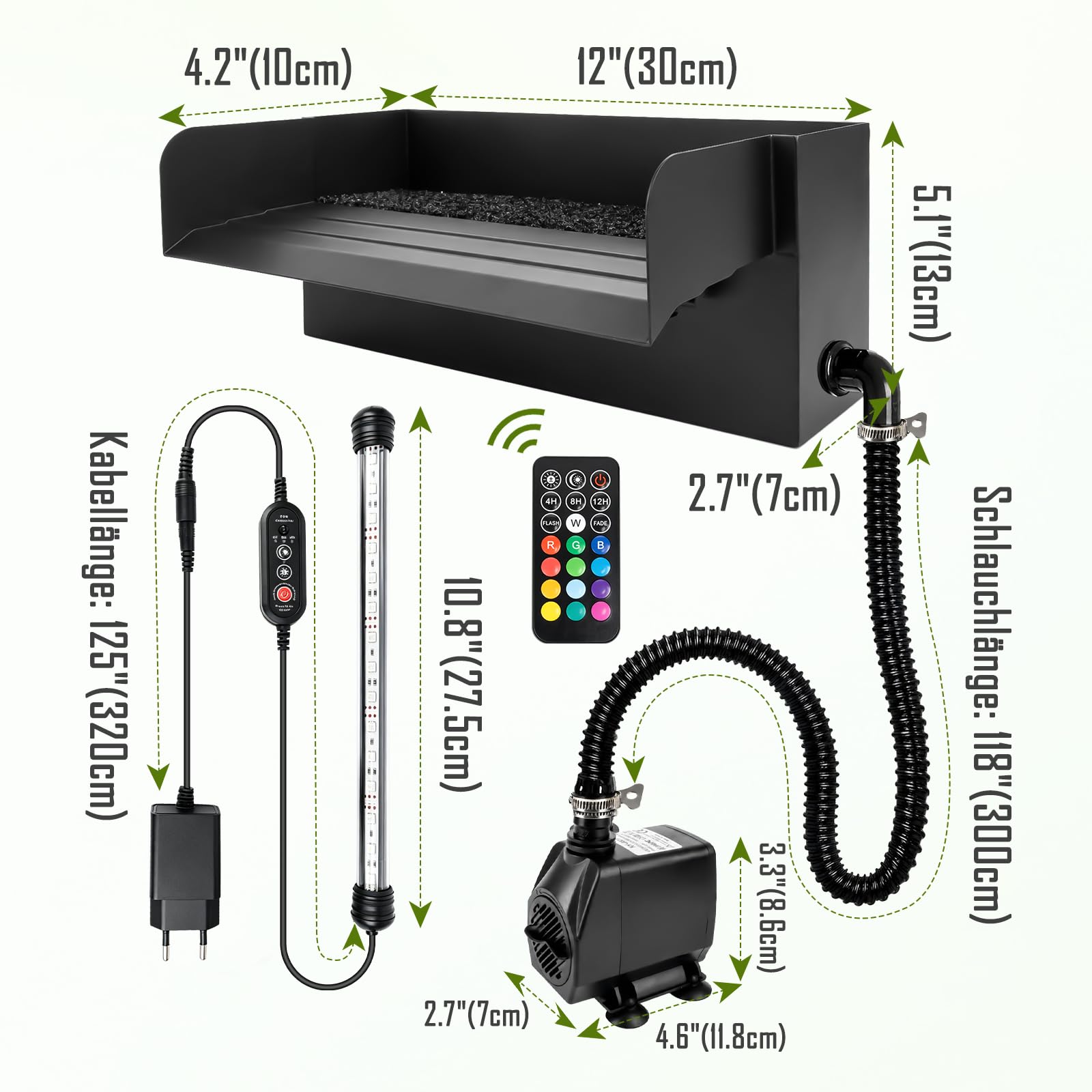 Edelstahl Wasserfall Set 30 cm mit LED Fernbedienung 45 W 3500 L/h Pumpe für Garten Teich Schwimmbad