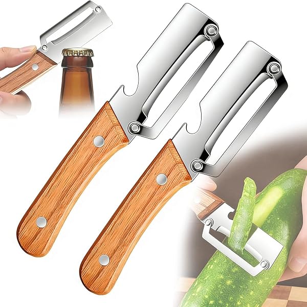 2PC SparschäLer,3 in 1 Zero Snag HolzschäLer, SparschäLer, Multifunktionaler GemüSeschäLer, SchäLer Mit Holzgriff Aus Edelstahl, Mit Integriertem FlaschenöFfner (2 Stück) - 1