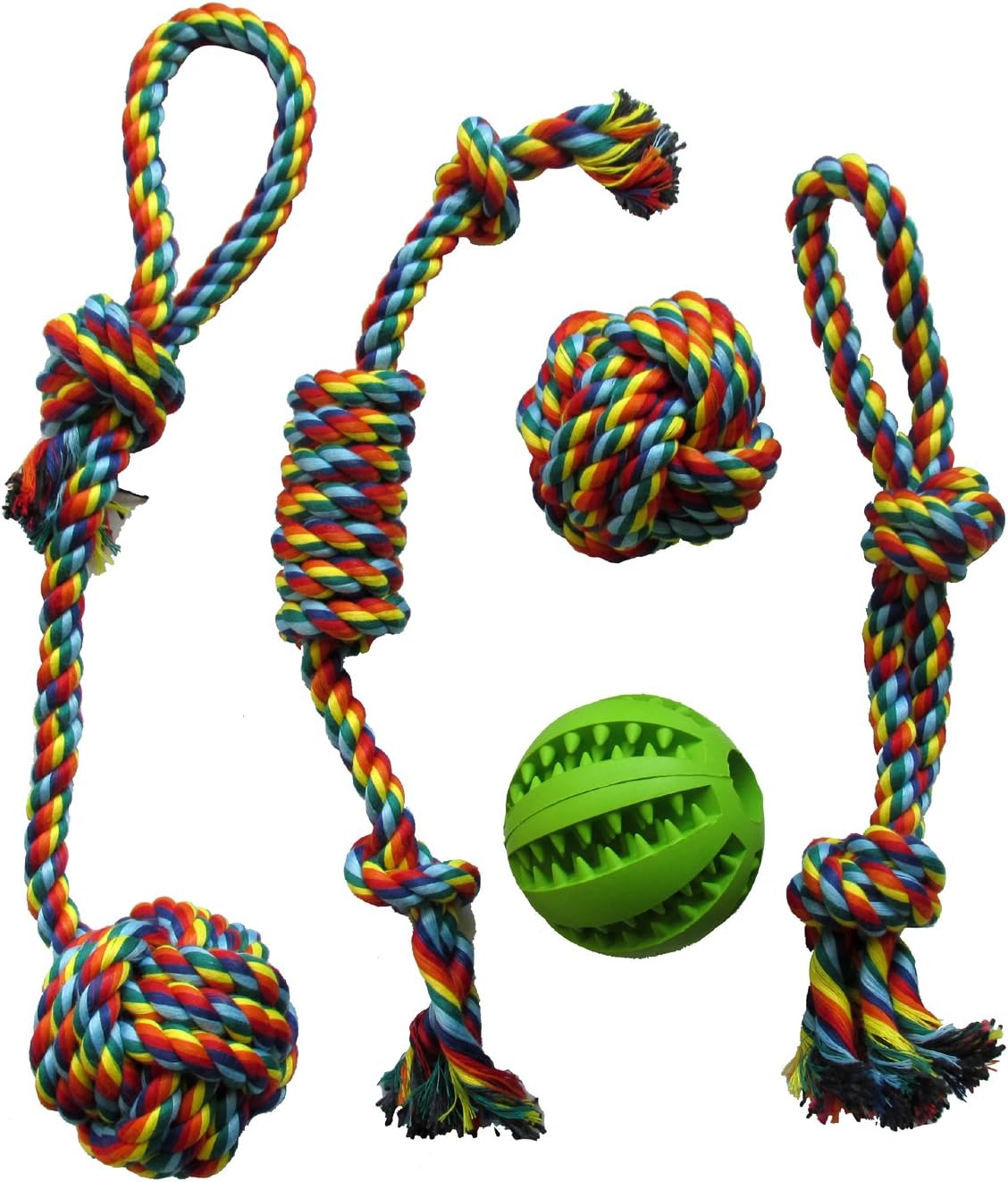 Pleasant Place 5 Pack Pet Dog Cotton Rope Toys and Rubber Chewing Ball Toys Bite Resistant and Teeth Cleaning Gift Set for Small Medium Dogs