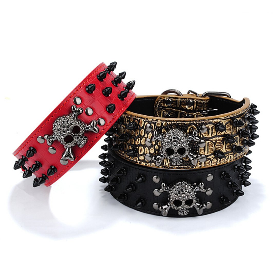 Totenkopf Hundehalsband Verstellbar – Kunstleder Mit Spike-Nieten, Kroko-Optik, Für Mittlere Bis Große Hunde