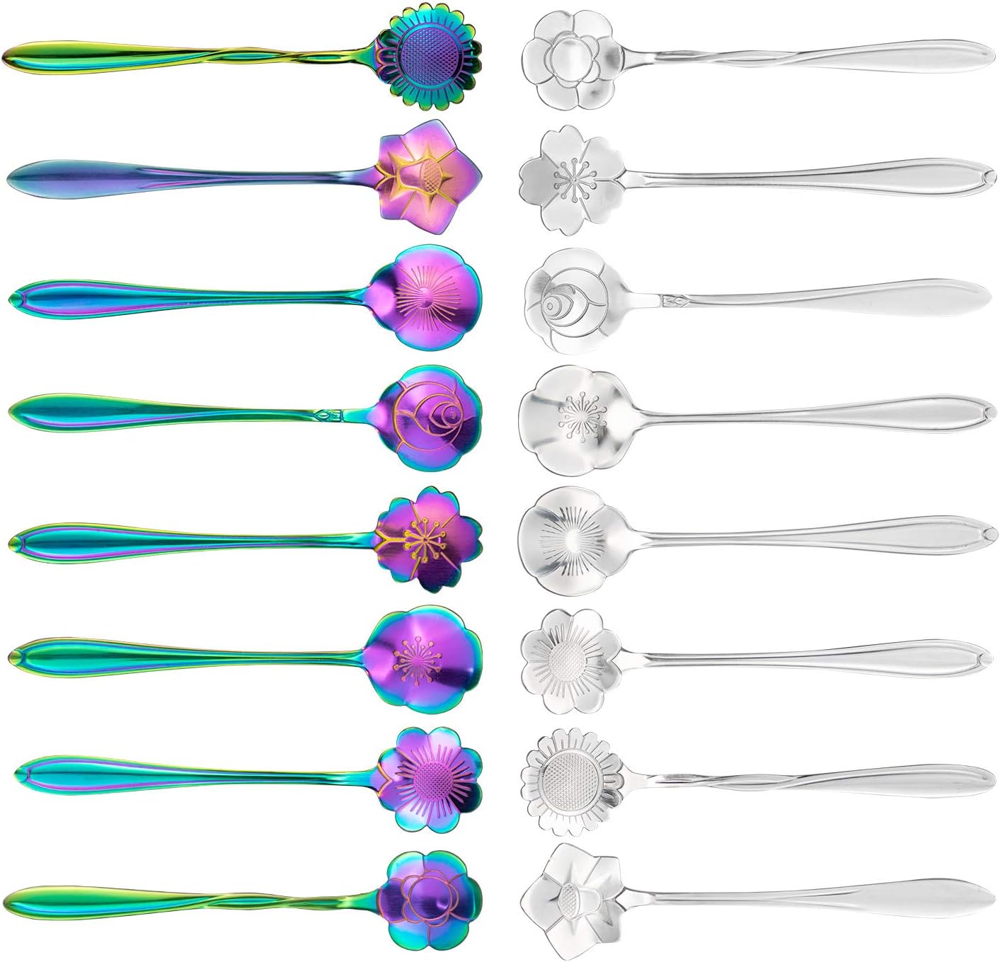 Hedume 16 Pack Flower Spoon Set, Diffient Pattern Stainless Steel Stirring Spoon for Coffee, Tea, Mix, Sugar, Ice Cream, Condiment, Tableware Kitchen, Cafe or Bar