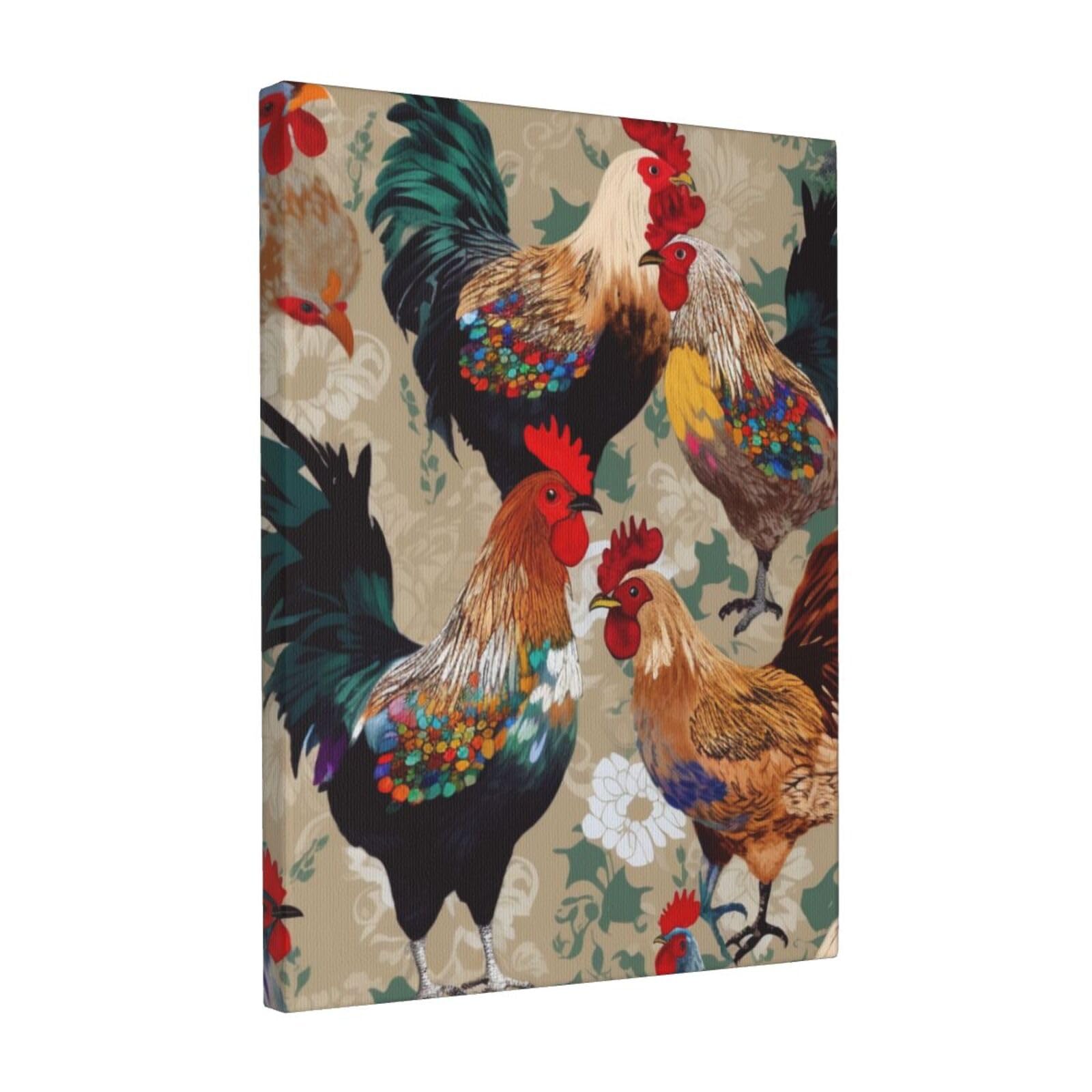 Ykljg White Rooster And Chicken Print Printed Wall Art Canvas Prints 30X40 Cm Wooden Framed Picture Painting Artwork For Bedroom Kitchen Home Office Decor