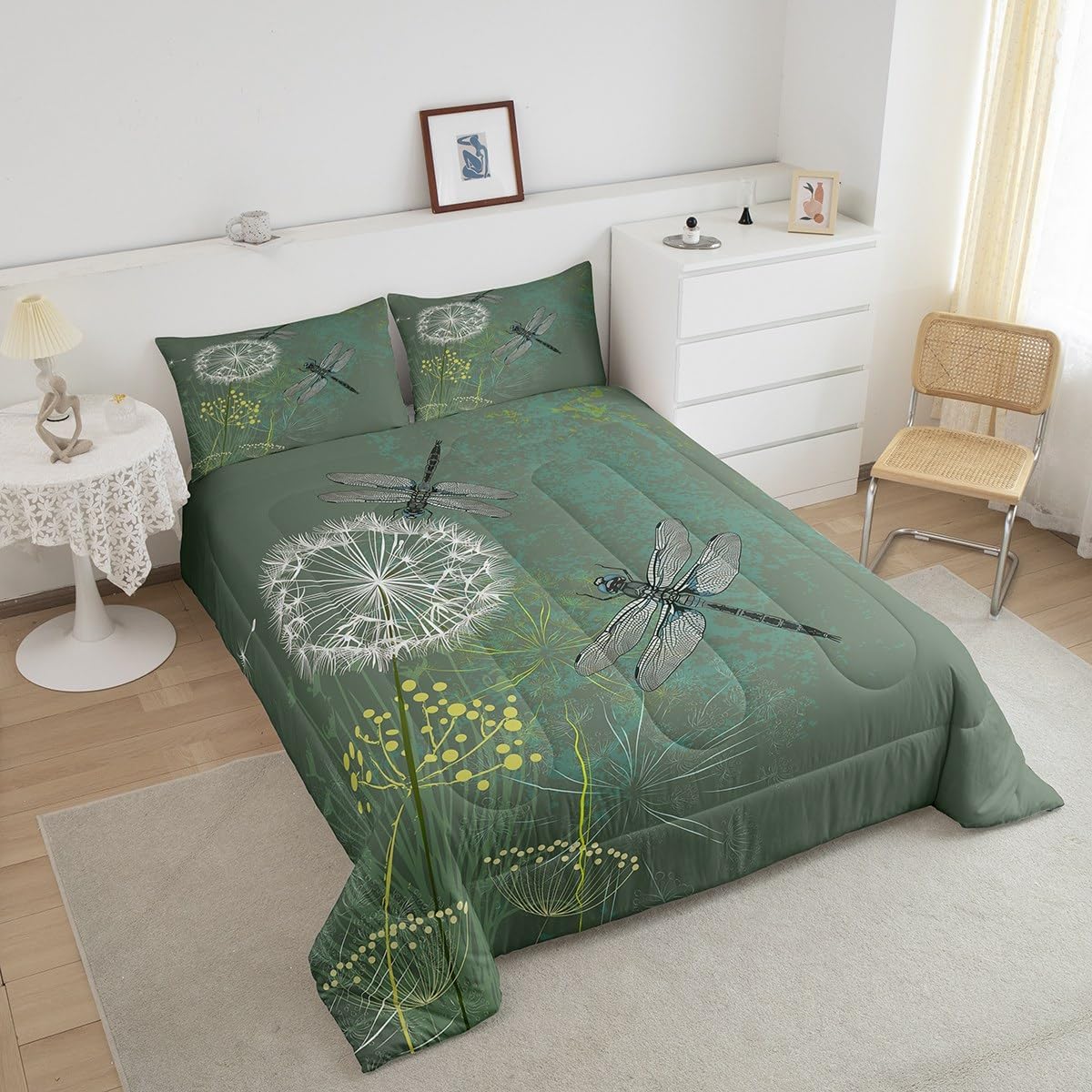 Homewish Dragonfly Comforter Set King Size,Dandelion Floral Bedding Set 3Pcs for Kids Girls Teens Women Bedroom Decor Nature Animals Botanical Quilted Duvet Vintage Green Duvet Insert,2 Pillowcases