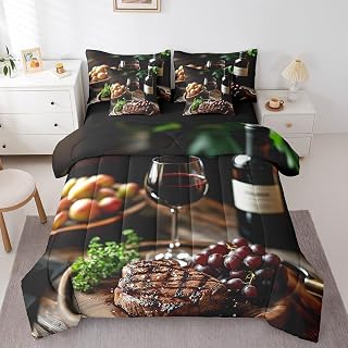 Red Wine 7 Pieces Bedding Set Twin,Rustic Farmhouse Style Brown Wooden Table Bed in a Bag for Kids,Romantic Dinner Beef Fruits Wine Time Comforter Set with Sheets,Pillow Covers