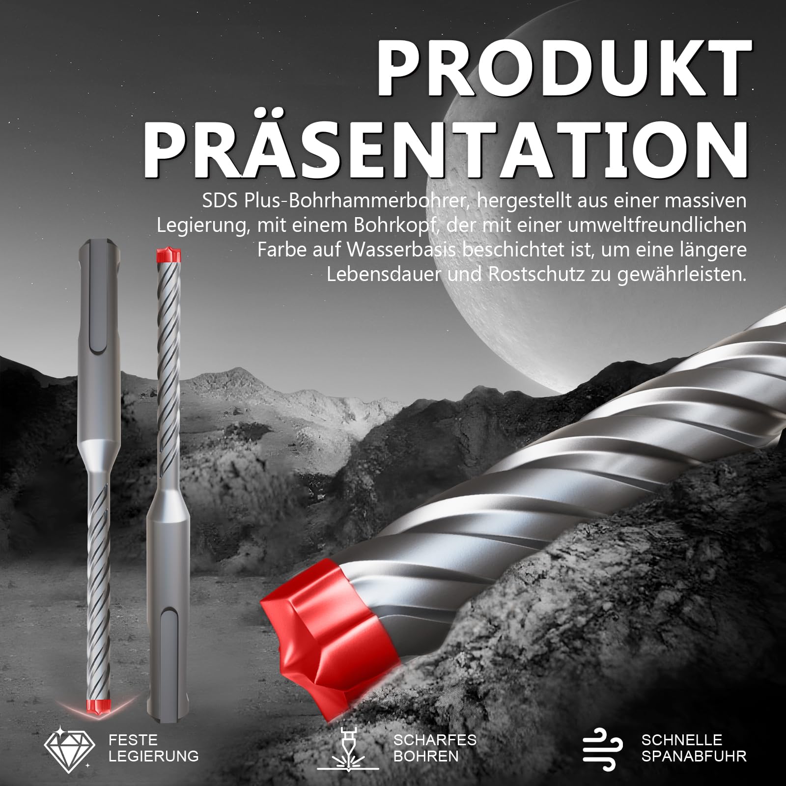 Punta professionale SDS plus 16 mm x 455 mm, punta ultra ad alte prestazioni per calcestruzzo armato e muratura. Tutta la testa del trapano è realizzata in lega di metallo per una durata estrema