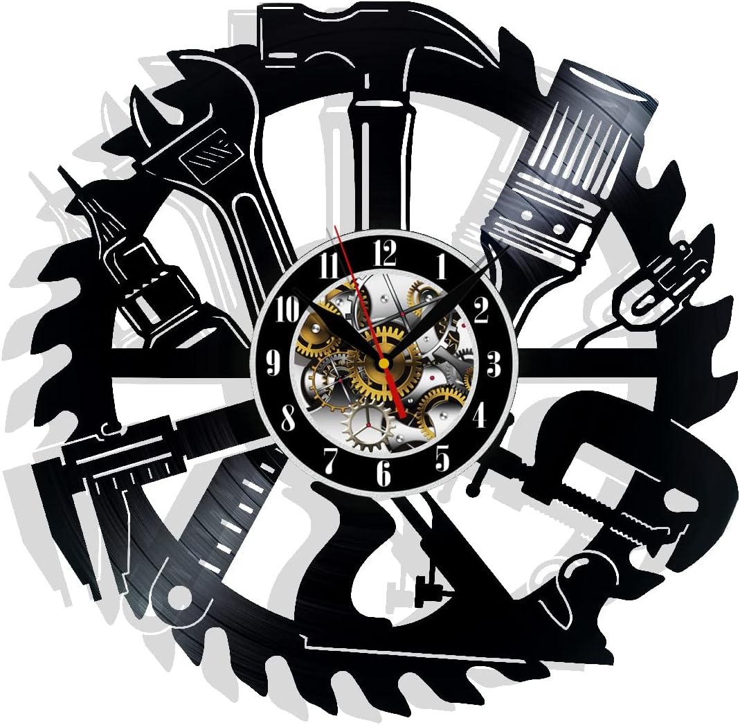 Carpenter Tools Vinyl Record Wall Clock Tool for Lumberjack Wood Saw Tapeline Surprise Ideas Best Friends Birthdays Art Home Room Decor Gift for Birthday Holiday Christmas 12” LP Clock Black