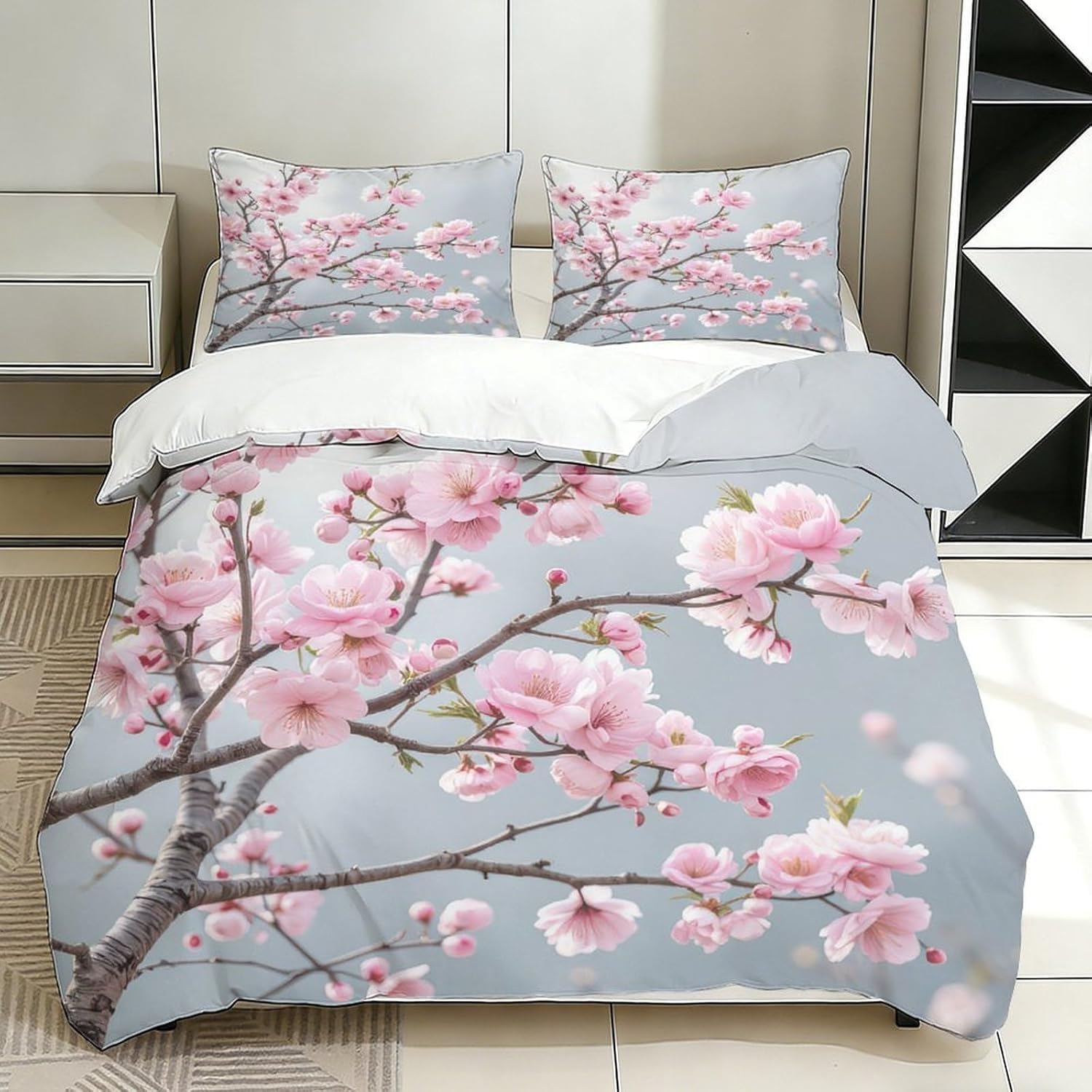 Funda Nordica Cama 135/150 Rama de Flor de Cerezo 3D Ropa de Cama Microfibra Suave Estilo Japonés Funda de edredón 220x240 cm con Cremallera y 2 Funda de Almohada 50x75 para Cama Doble L.5499