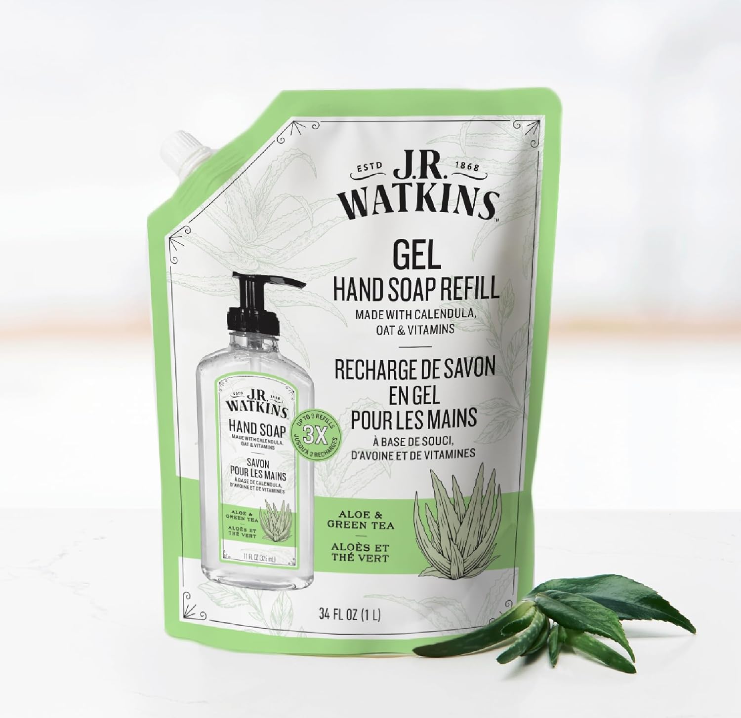 J.R. Watkins Gel Hand Soap Refill, Moisturizing Hand Wash, Formulated with Plant-Based Cleansers, Alcohol-Free, Cruelty-Free, Aloe & Green Tea, 34 Fl Oz, 2 Pack - Image 3