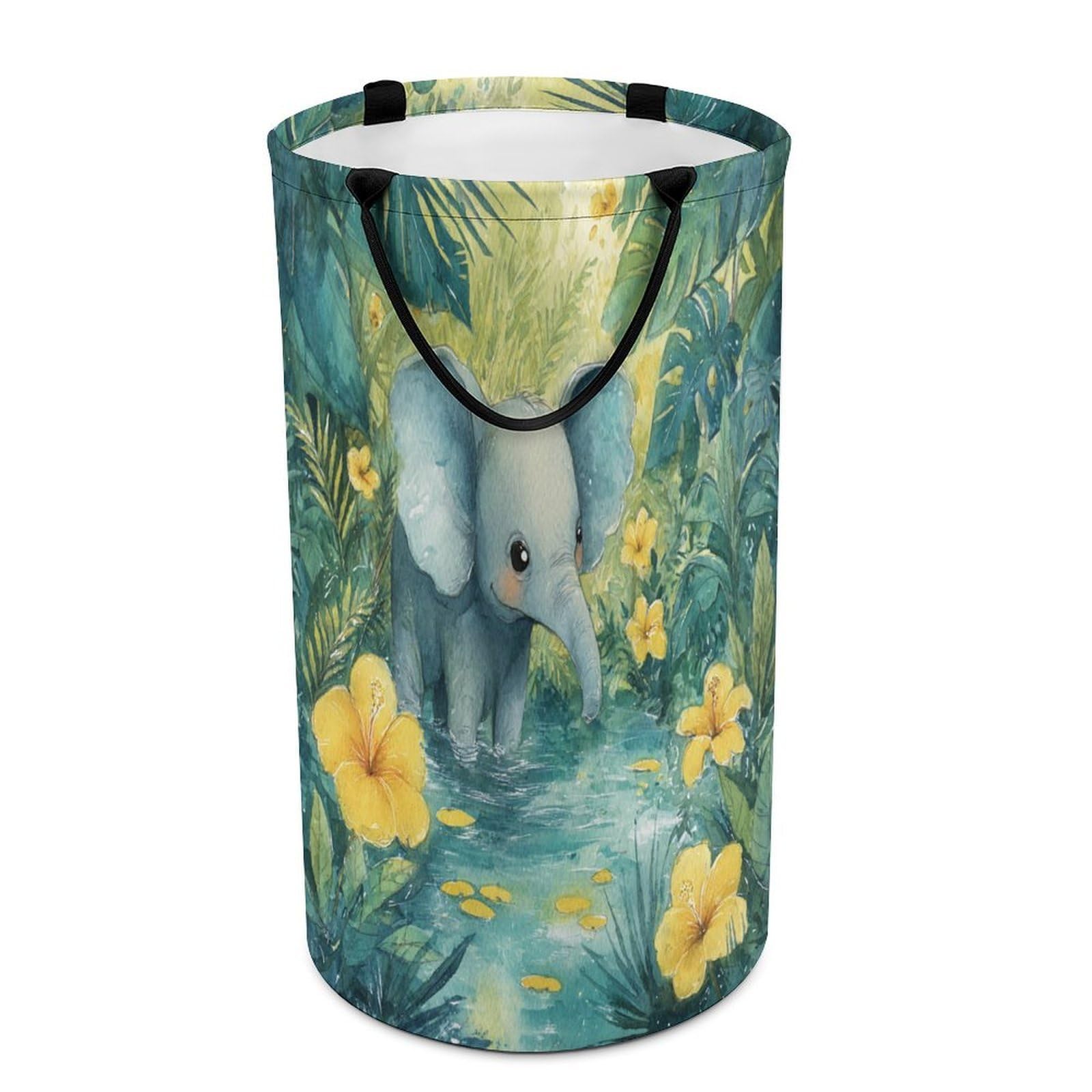 LUYYSKY Rustic Watercolor Baby Elephant Collapsible Dirty Clothes Basket, Colorful Funny Tropical Jungle Animal Elephant Floral Portable Clothes Storage Basket