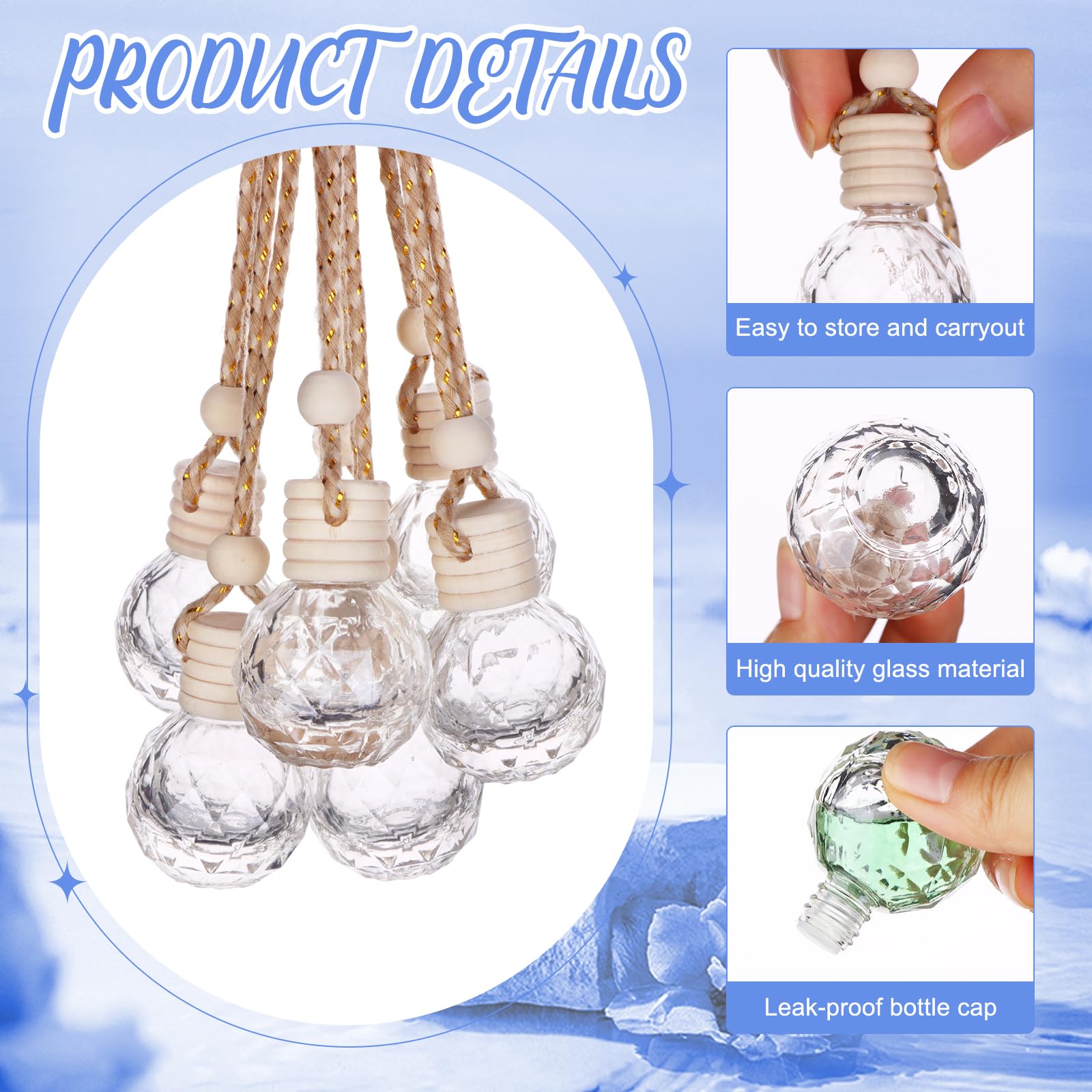 60 Stück Auto-Lufterfrischer zum Aufhängen, leere Glas-Parfüm-Flaschen, Lufterfrischer, Diffusor-Flasche, Anhänger für ätherische Öle, Duft, Aromatherapie, Ornament, Dekoration (runder Diamant)
