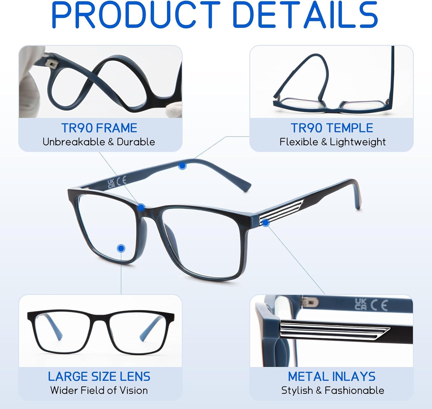 2 Pack Progressive Multifocus Reading Glasses Men Unbreakable TR90 Frame Temple Large Size Readers with Metal Inlays - Image 4