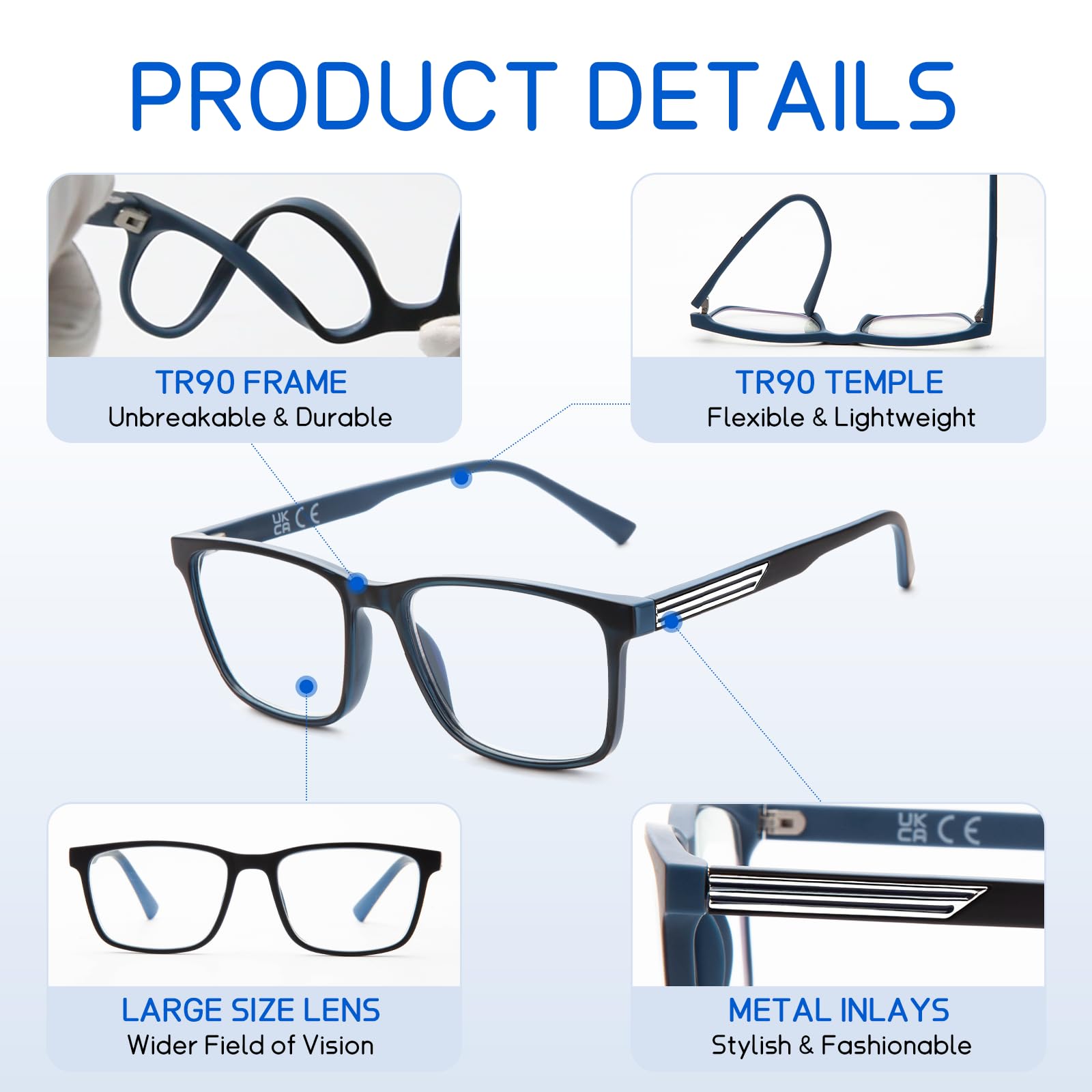 DEHOTRE - Set di 2 lenti da lettura progressive multifocus da uomo, infrangibili TR90, con templi di grandi dimensioni, intarsiati in metallo, Lente progressiva/nero+blu/2 paia, 140 millimeters