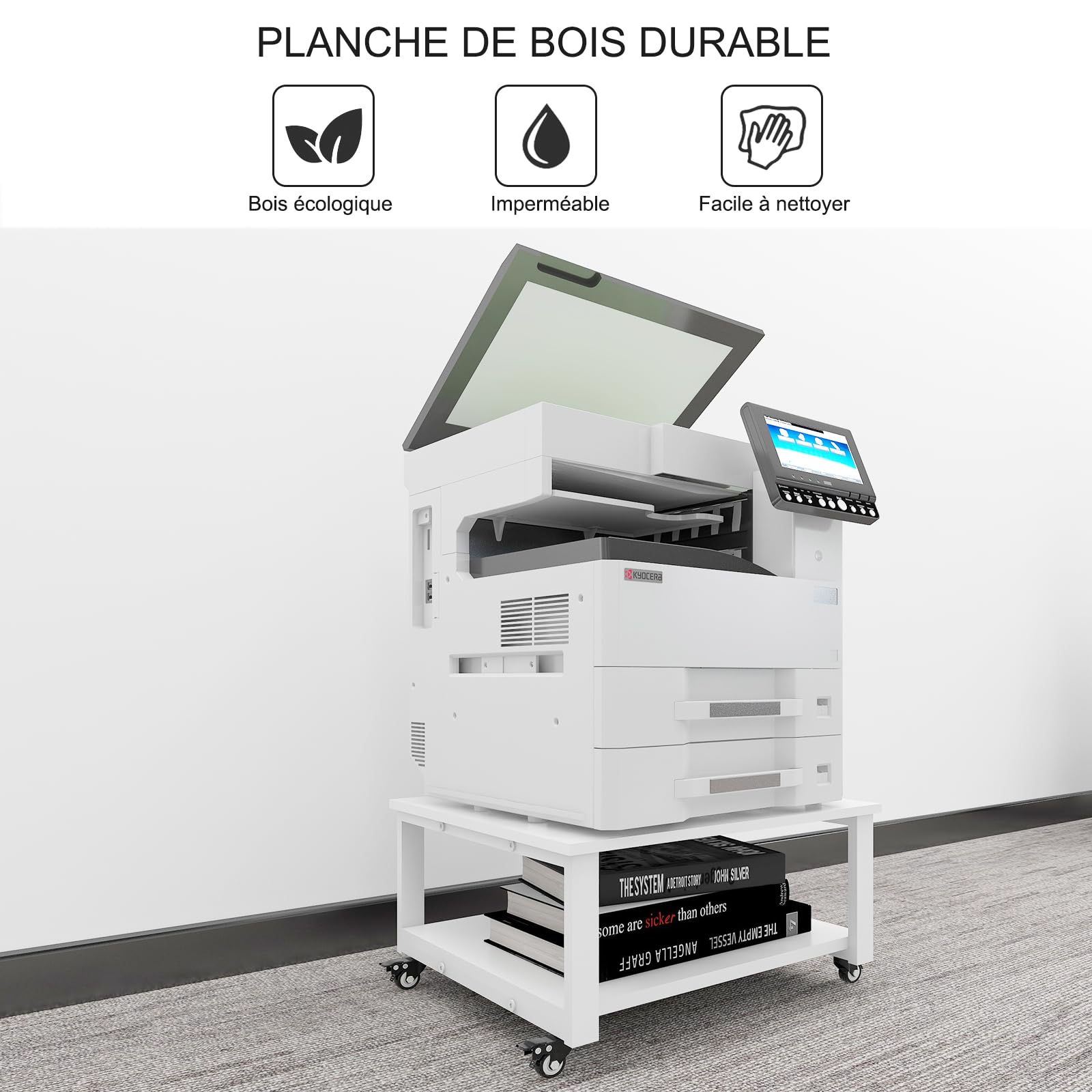 PUNCIA Support d’Imprimante à 2 Niveaux Meuble Imprimante 60x60x32,5CM | Table Roulante Robuste Chariot Mobile avec Roulette Étagère de Rangement Organisateur de Stockage pour Maison Bureau (Blanc)