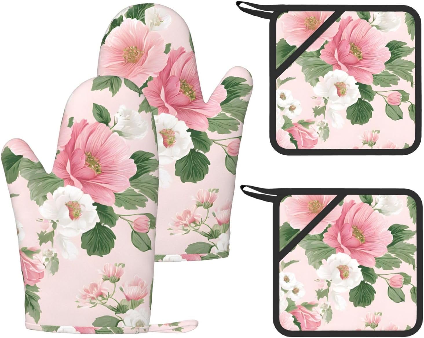 Plant Floral Flowers Oven Mitts and Pot Holders Set of 4 Heat Resistant Kitchen Gloves with Silicone Palm Hot Pads for Baking Cooking Grilling BBQ