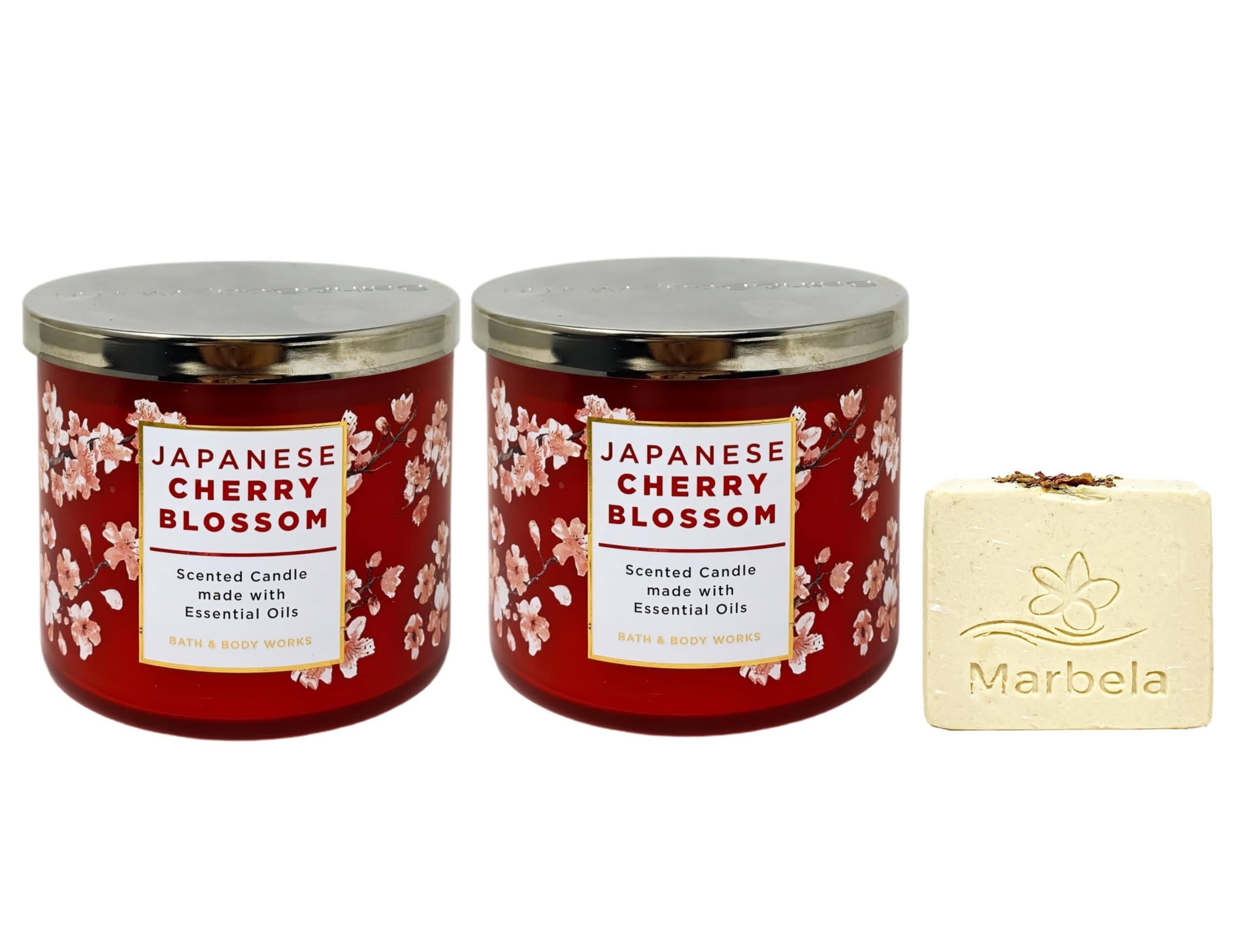 Bath and Body Works 2 Japanese Cherry Blossom - 3-Wick Candle - with a Creamy Rose Bar Soap