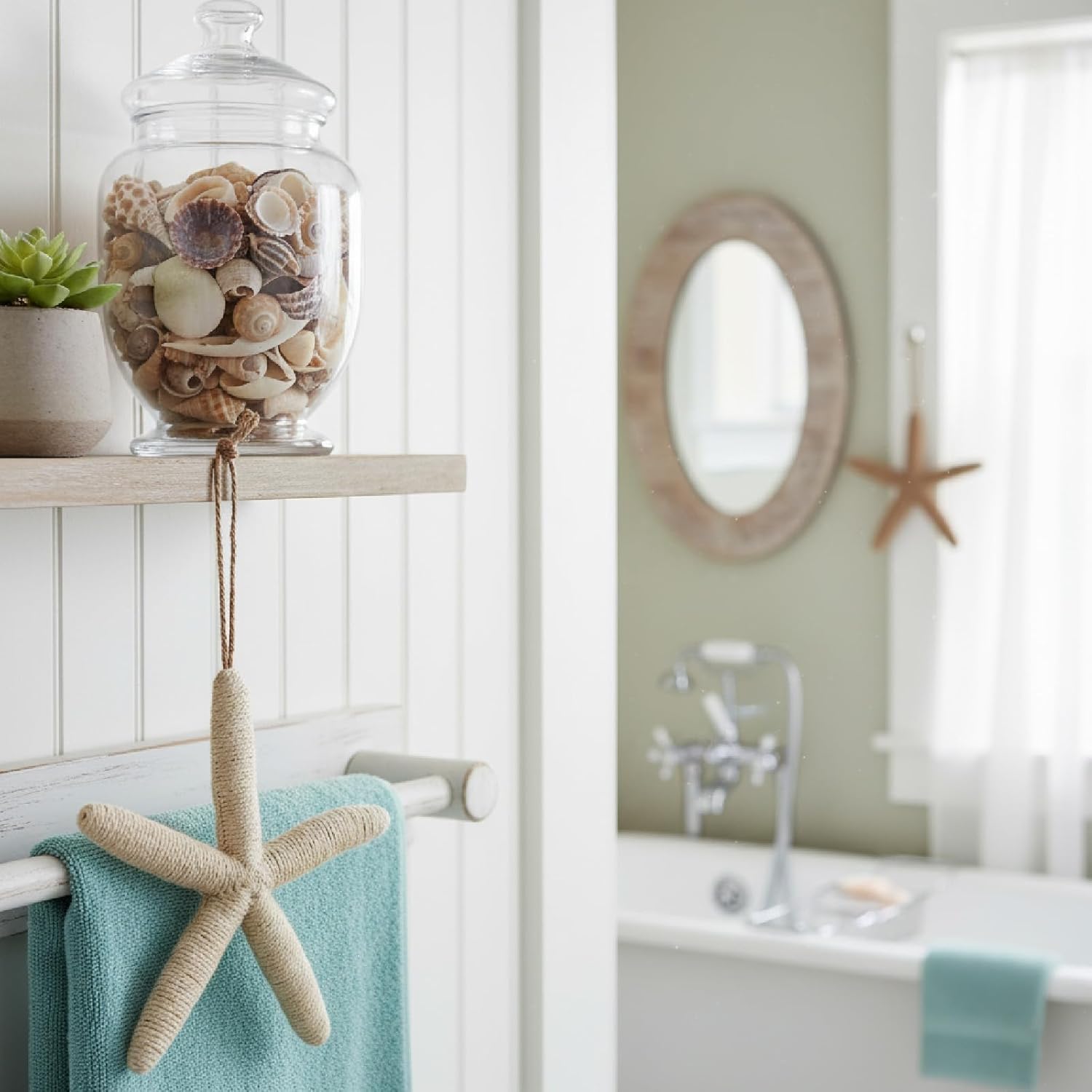 Rustic Rope Starfish Wall Hanging Decor, Set of 2 Nautical Coastal Jute Ornaments for Beach House, Bathroom, Door Handle, Wall Art, Handmade Sea Decorations Christmas Star Tree Topper
