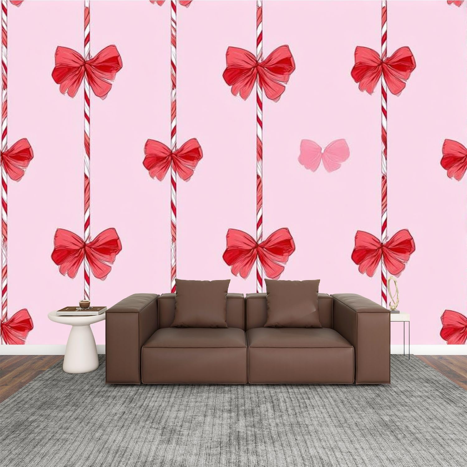 Modern Peel and Stick Wallpaper Removable Wall Murals 3D Candy Cane Christmas Cute red Bow Seamless Coquette Peppermint Sticks Self-Adhesive PVC Wall Stickers for Living Room Bedroom 144"x100"