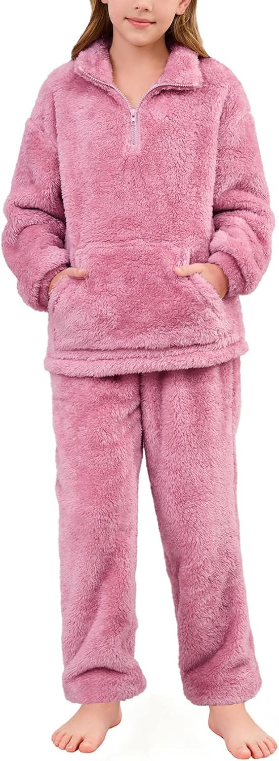 Flygo Girls Boys Fuzzy Pants Set Fleece Sweatsuit Flannel Fluffy 1/4 Zip Sweatshirt Pants Sets 2 Piece Outfits 5-14Years