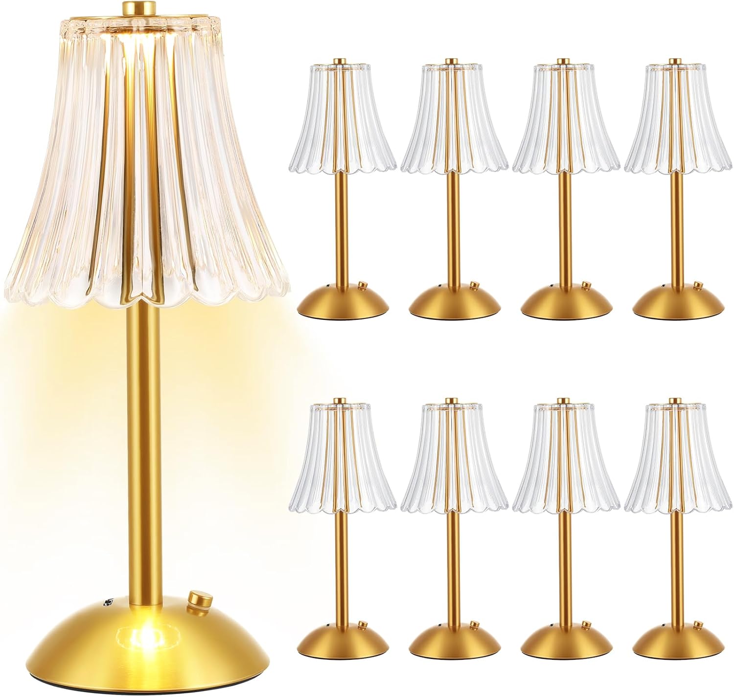 Liliful 8 Pcs LED Portable Cordless Table Lamp Touch Battery Operated Rechargeable Gold Desk Lamp 3 Color Dimmable for Bedroom Living Room Dining (Gold,Rose Style)