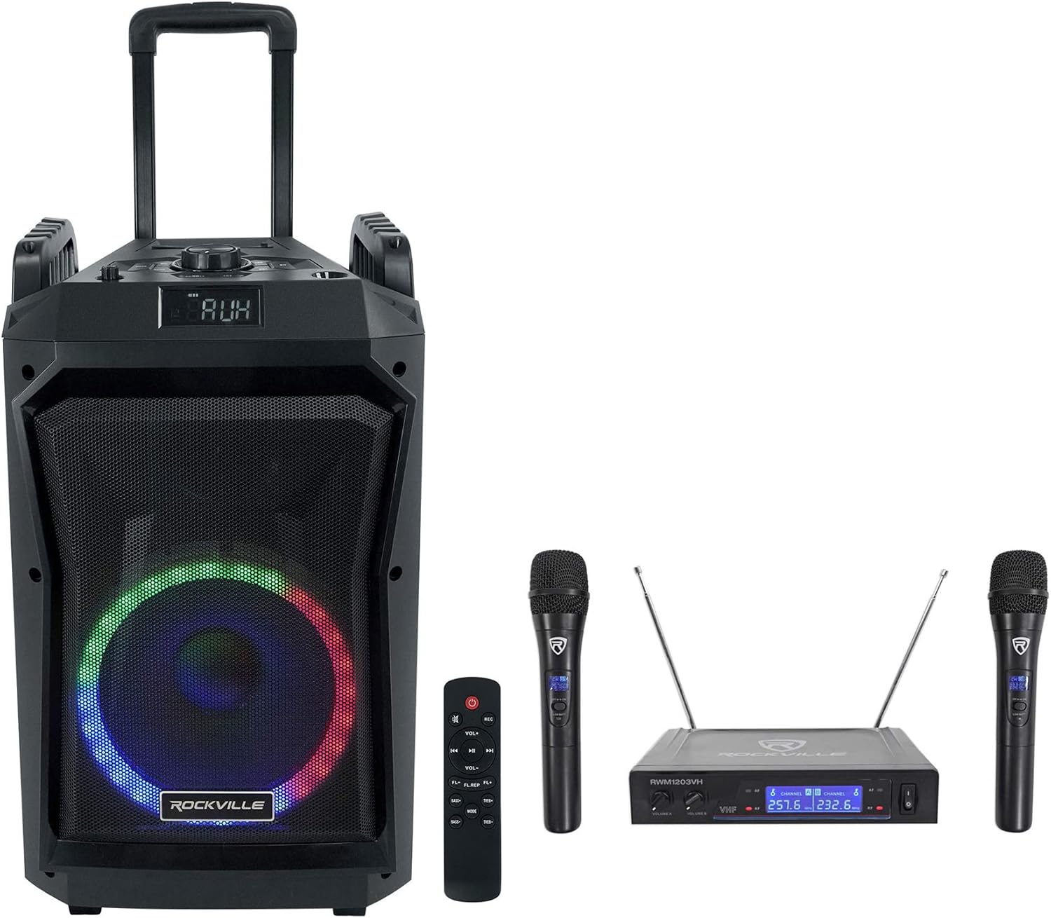 Rockville Karaoke System Bundle: ROCKNGO 800 10" Portable Wireless Bluetooth Speaker w/LED/Wheels, RWM1203VH VHF Wireless Dual Handheld Microphone System, 2-Items