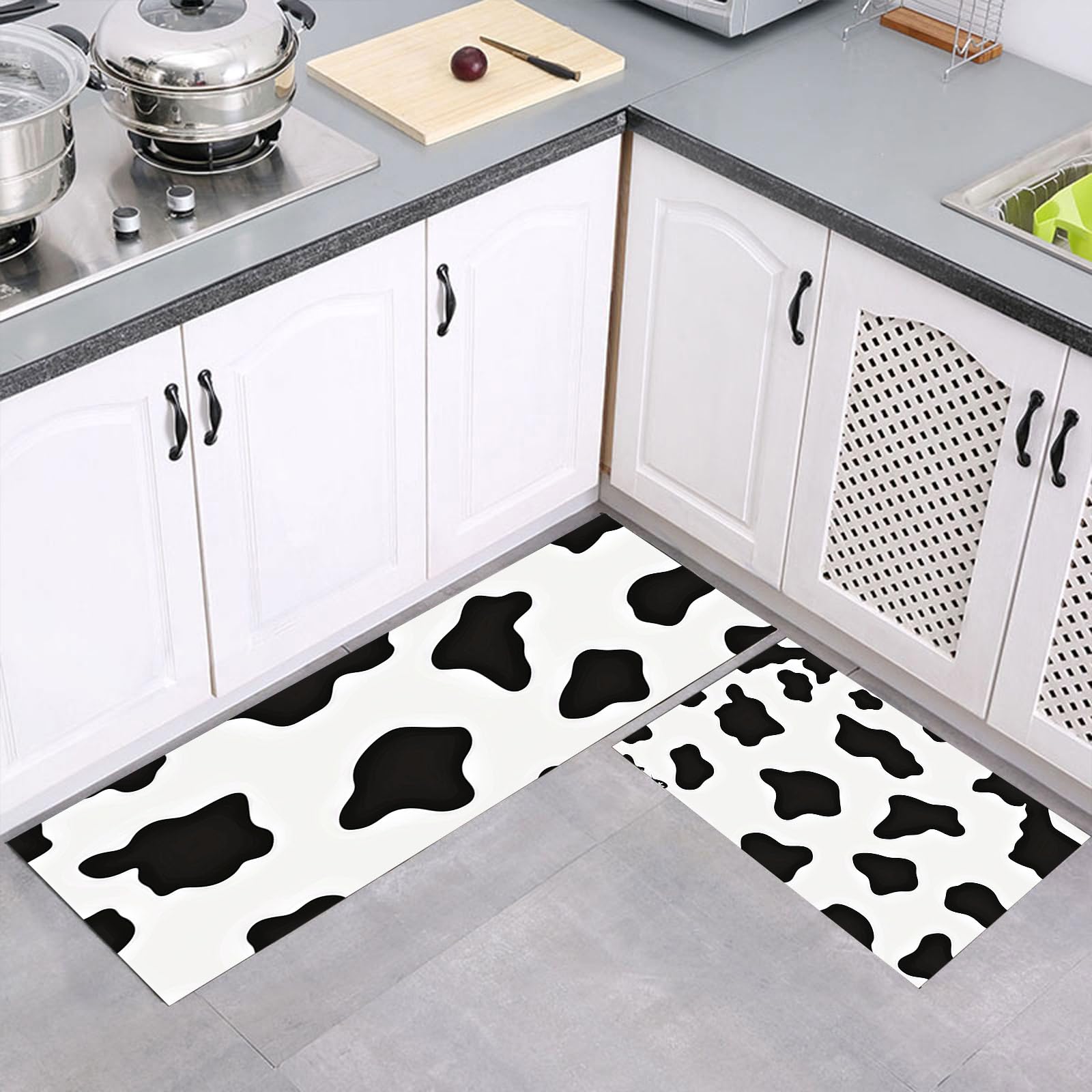 Alfombra de cocina blanco y negro de 2 piezas, tapete largo para pasillo
